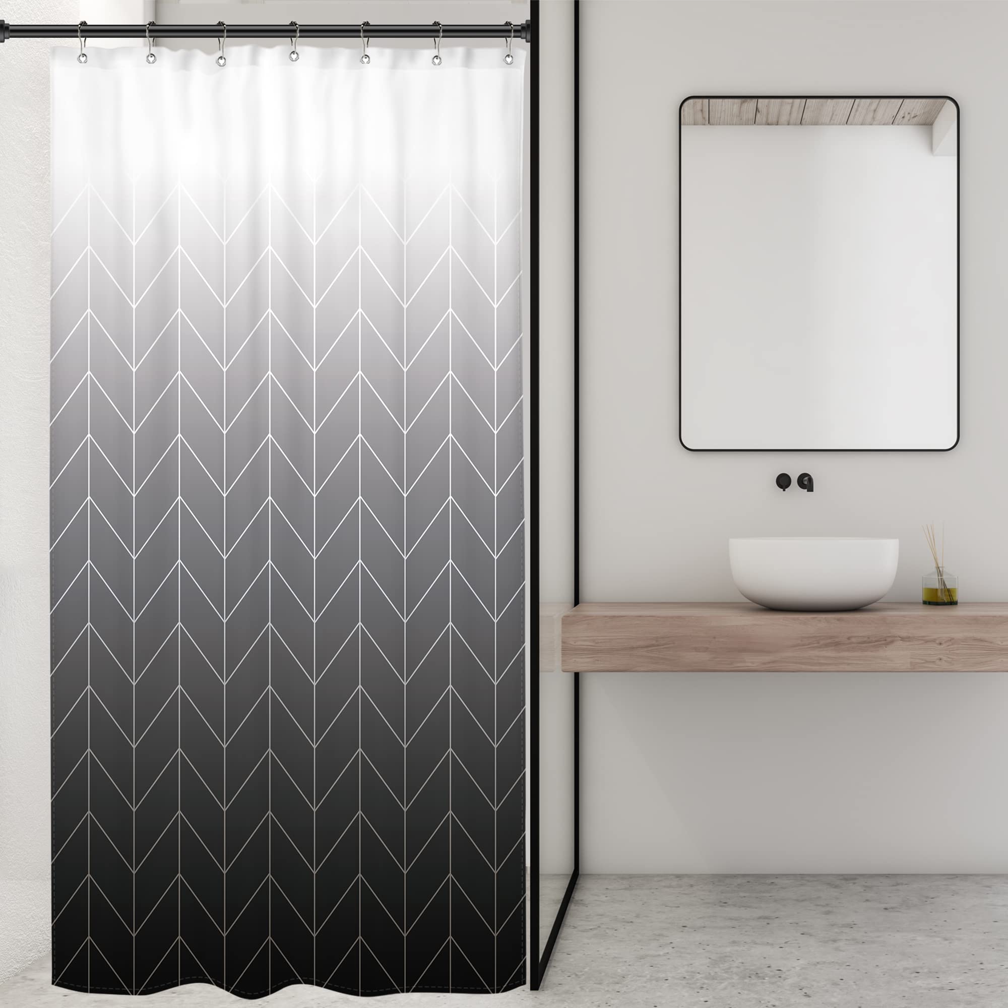 Riyidecor Small Stall Rv Shower Curtain Black Grey White Half Ombre Herringbone Chevron 36Wx72H Inch Geometric Modern Narrow Wal
