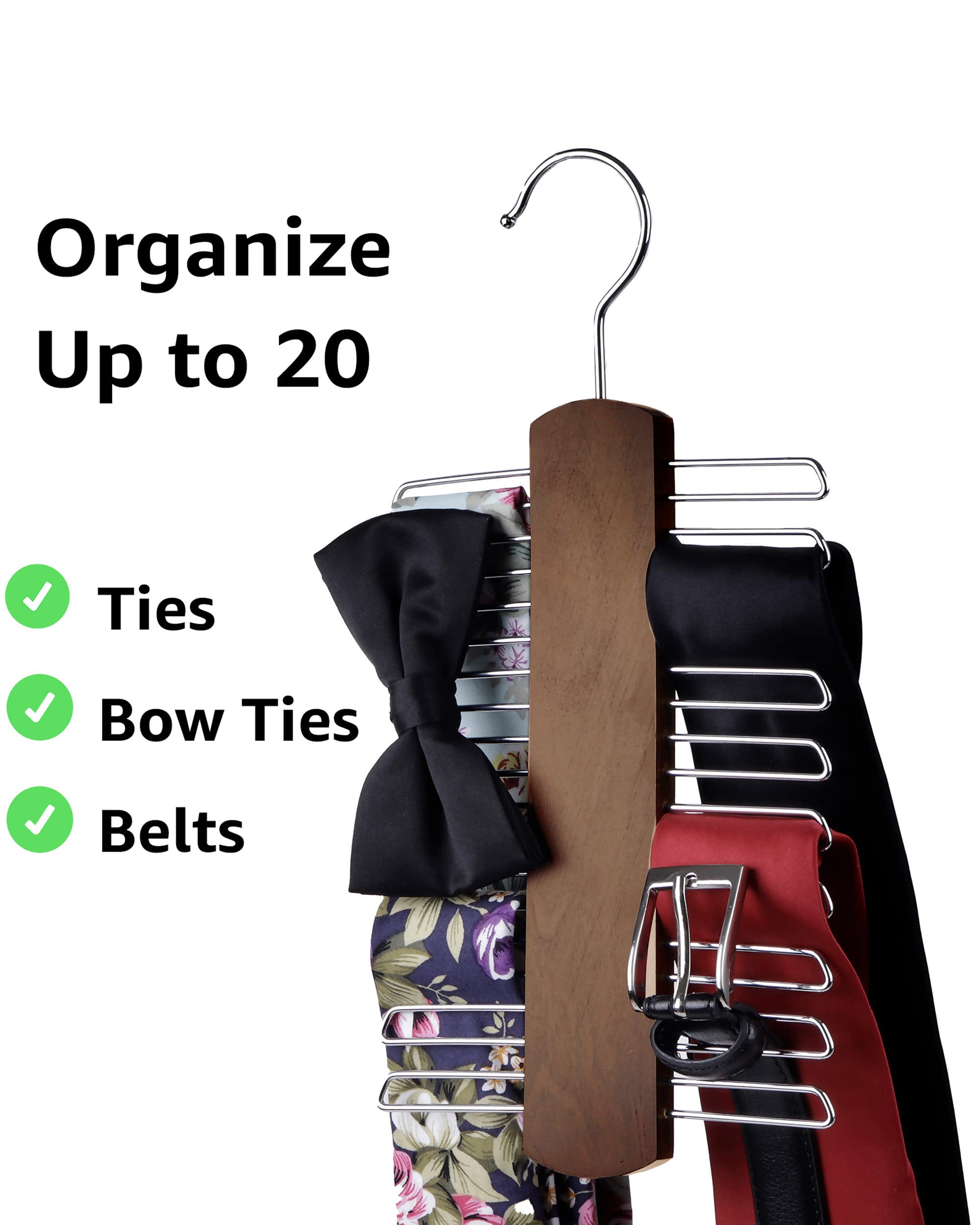 Umo Lorenzo Premium Wooden Necktie And Belt Hanger, Walnut Wood Center Organizer And Storage Rack With A Non-Slip Finish - 20 Ho