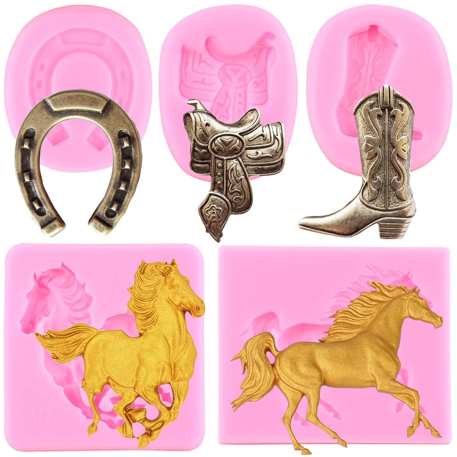 Miyahouse Horseshoe Silicone Mold Horse Fondant Molds Saddle Mold Cowboy Boot Mold For Cake Decorating Cupcake Topper Candy Poly