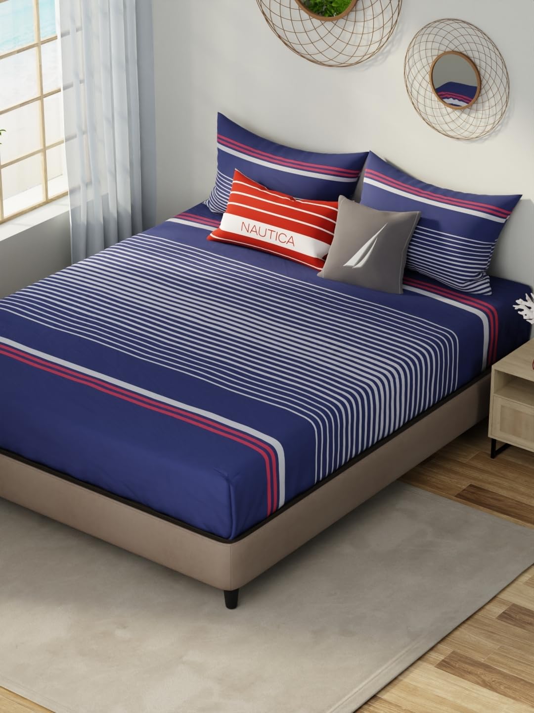 NAUTICA 210TC Designer 100% Satin Cotton XL King Bedsheet with 2 Pillow Covers 3Pc Set (Hampton) StripeNavy Blue/Red