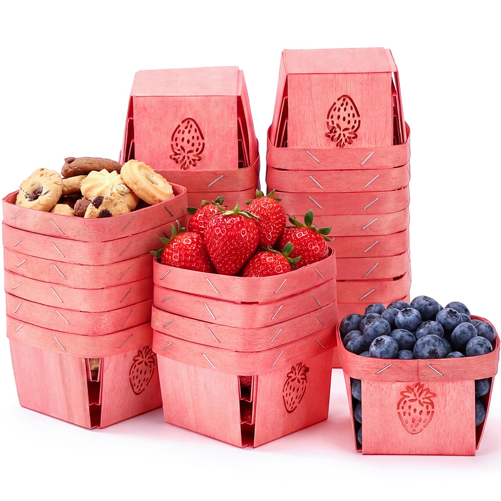 Unittype 30 Pcs Pink One Pint Wooden Fruit Berry Basket Bulk, Strawberry