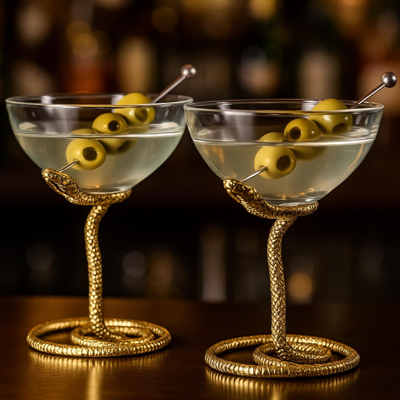 Snake Serpent Cocktail Glasses - 2 Set Gold Design Unique Reptile Inspired Barware