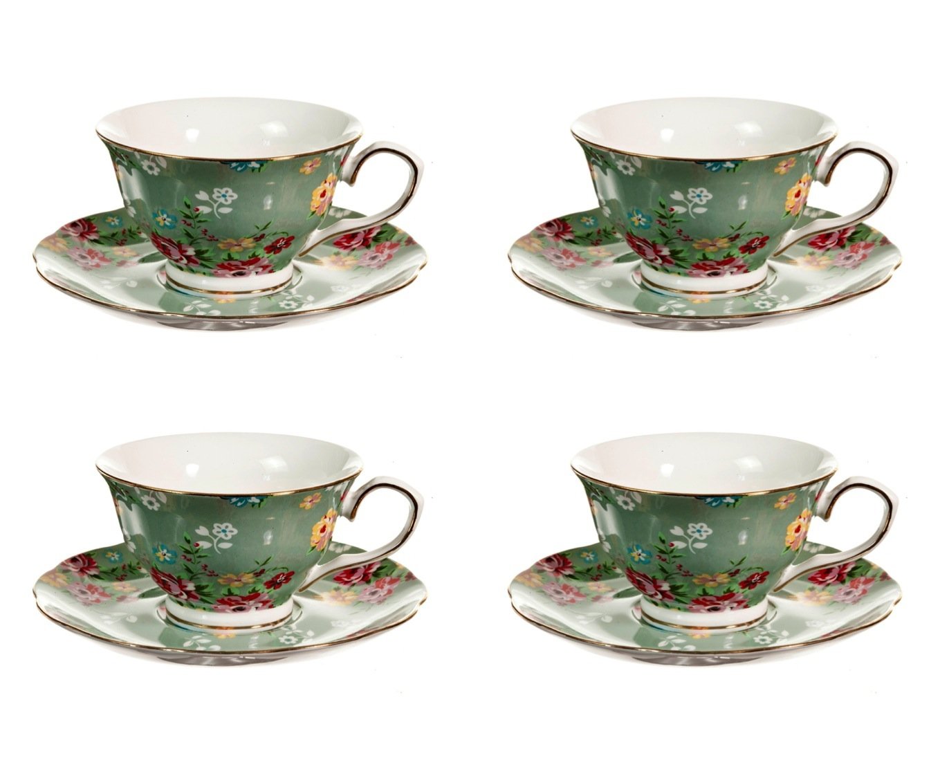 Gracie China Shabby Rose Porcelain 7-Ounce Tea Cup And Saucer Set Of 4, Shabby Rose Green