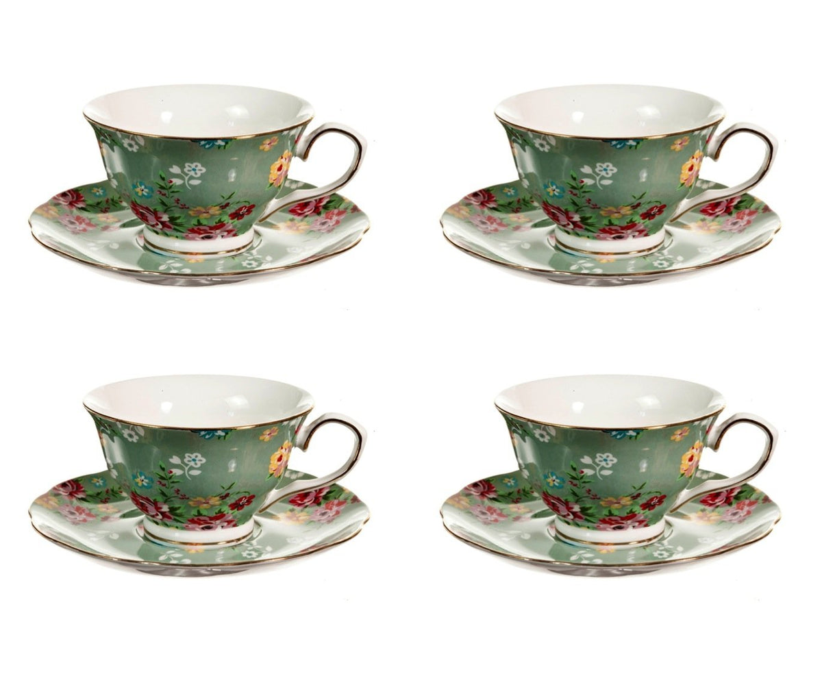 Gracie China Shabby Rose Porcelain 7-Ounce Tea Cup And Saucer Set Of 4, Shabby Rose Green