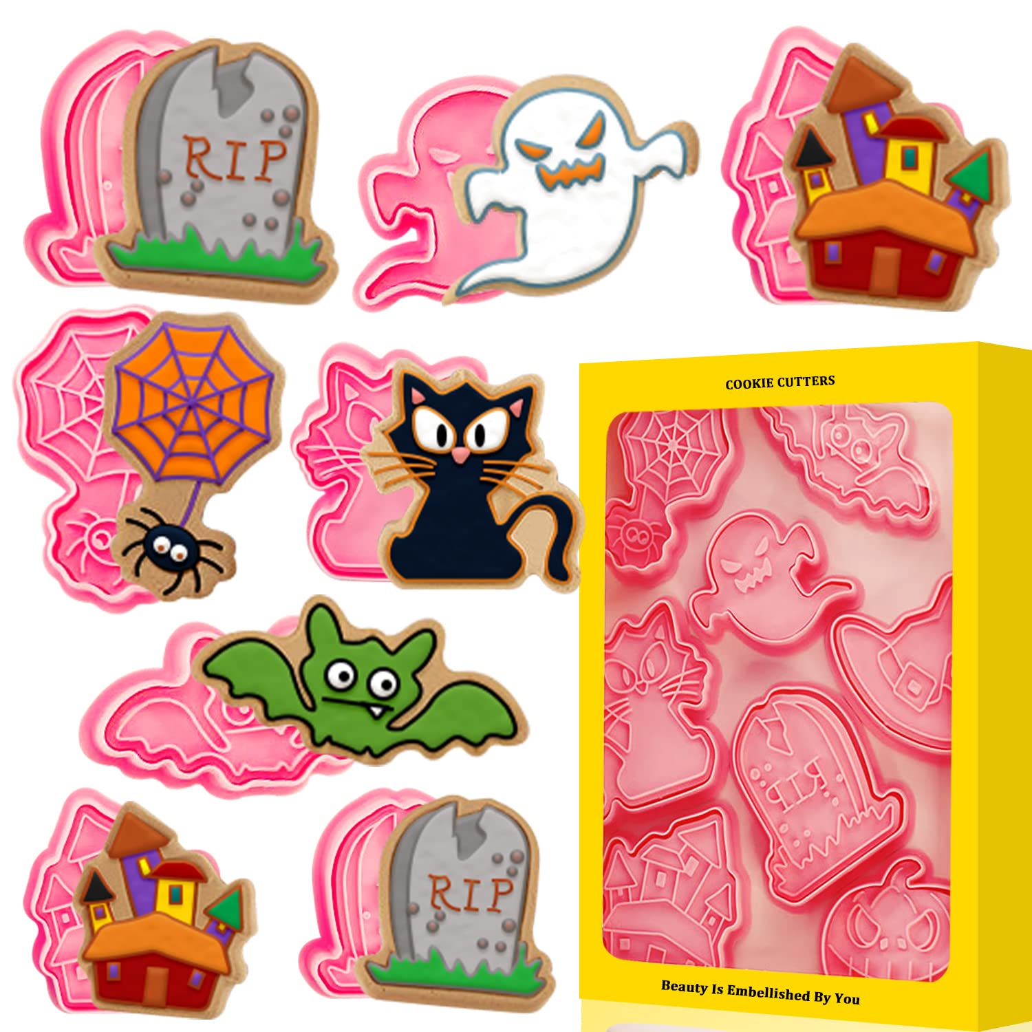 Leesgel 3D Halloween Cookie Cutters, Pumpkin Ghost Bat Cookie Cutter For Halloween Party Decorations, Halloween Biscuit Cookie S