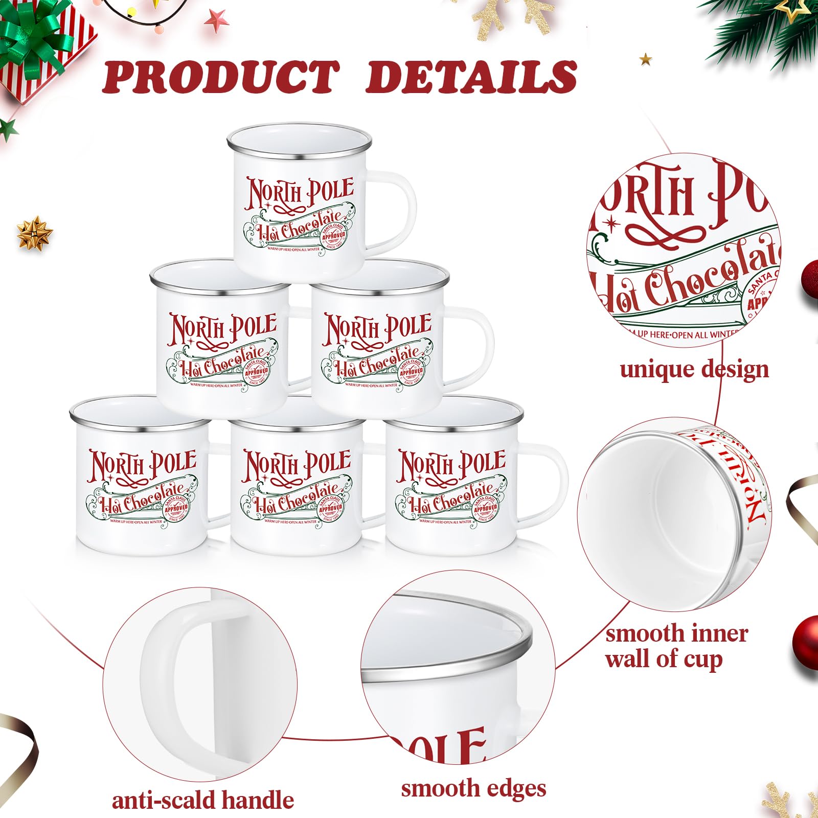 Yaomiao North Pole Hot Chocolate Mug Christmas Coffee Mugs Christmas Gifts Santa Xmas Enamel Cups with Handle Stainless Steel Mu