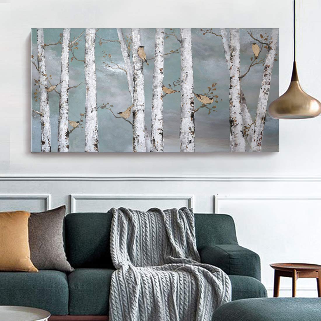 Large Tree Wall Art Hand-Painted Landscape Forest Oil Painting Gallery Wrapped Framed Canvas Bird Birch Artwork 'White Birch at Night' for Living Room Bedroom Office D?or Teal White Gold 48x24inch