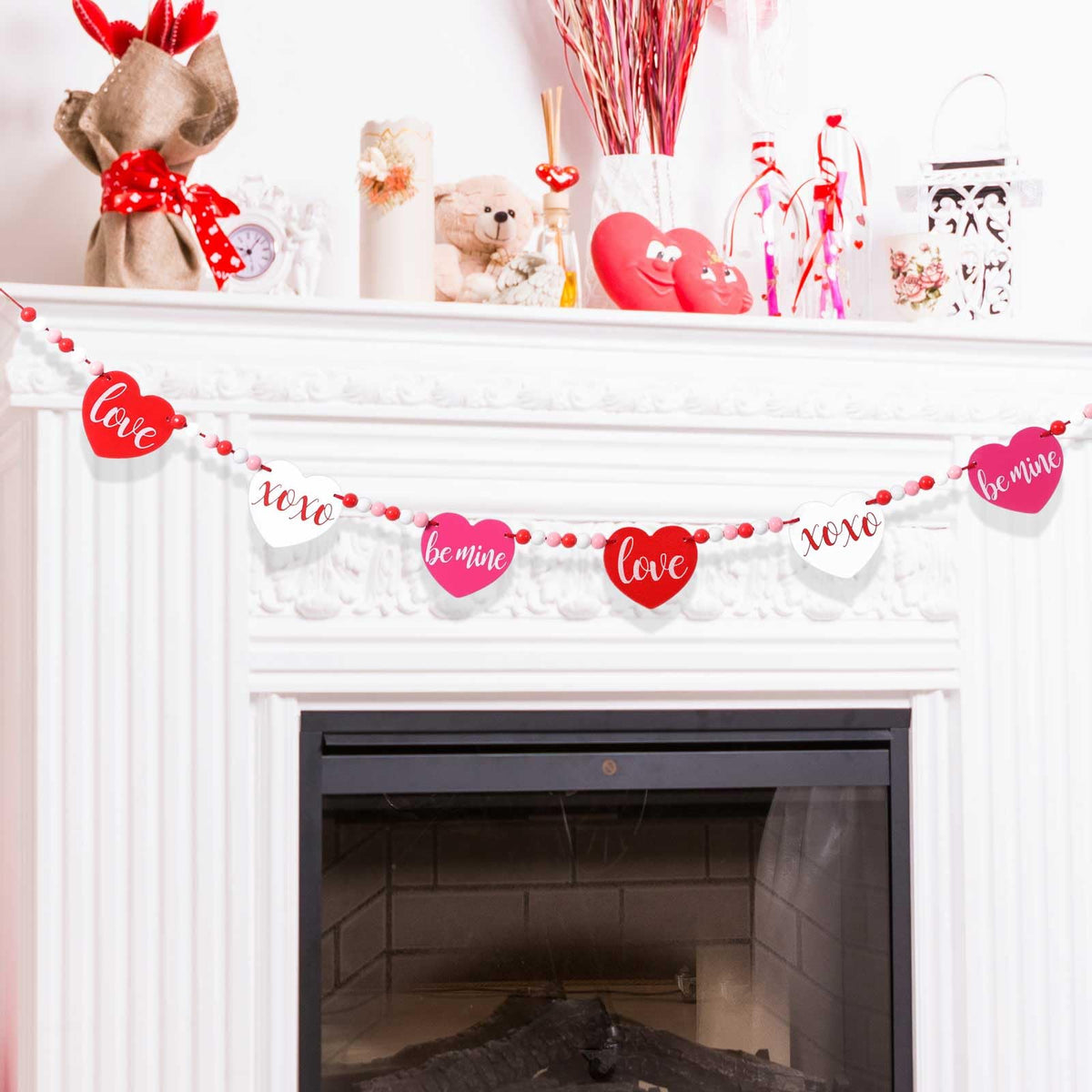 Blosssound Valentines Wood Beaded Garland Pre-Strung 4.2Ft Valentine'S Day Banner Decor Heart Banner Garland Wooden Valentines D