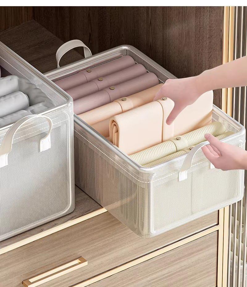 Drodrm 26L Transparent Storage Organiser Box Organizer Wardrobe Organizer For Steel Frame & Handle | Foldable Closet Basket For 