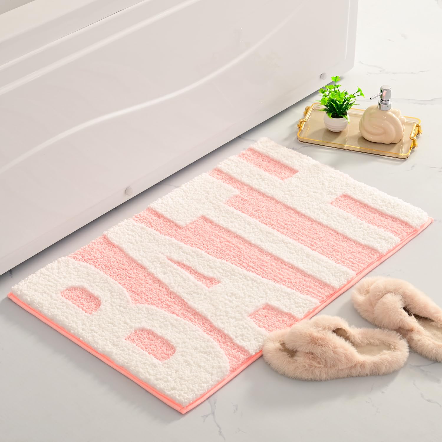 Anybar Bathroom Rugs Pink and White Bath Mats for Bathroom Non Slip Floor Mat  Thick Soft Shaggy Bath Rug Cute Bathroom Deocr  Super Absorbent Bathmat Machine Washable Carpet for Shower  20 x 32