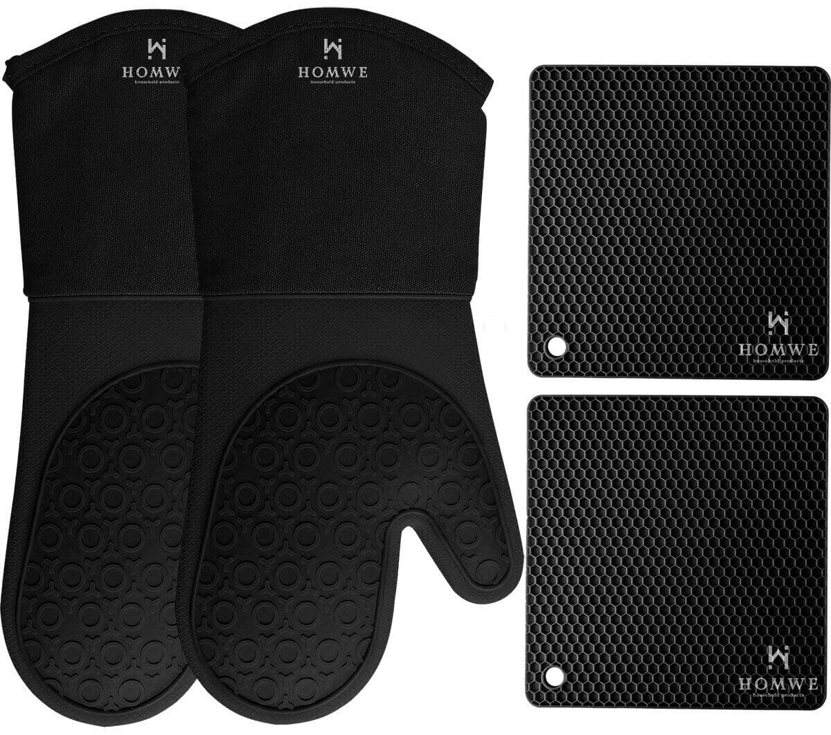 Homwe Silicone Oven Mitts And Pot Holders, 4-Piece Set, Heavy Duty Cooking Gloves, Kitchen Counter Safe Trivet Mats, Advanced He