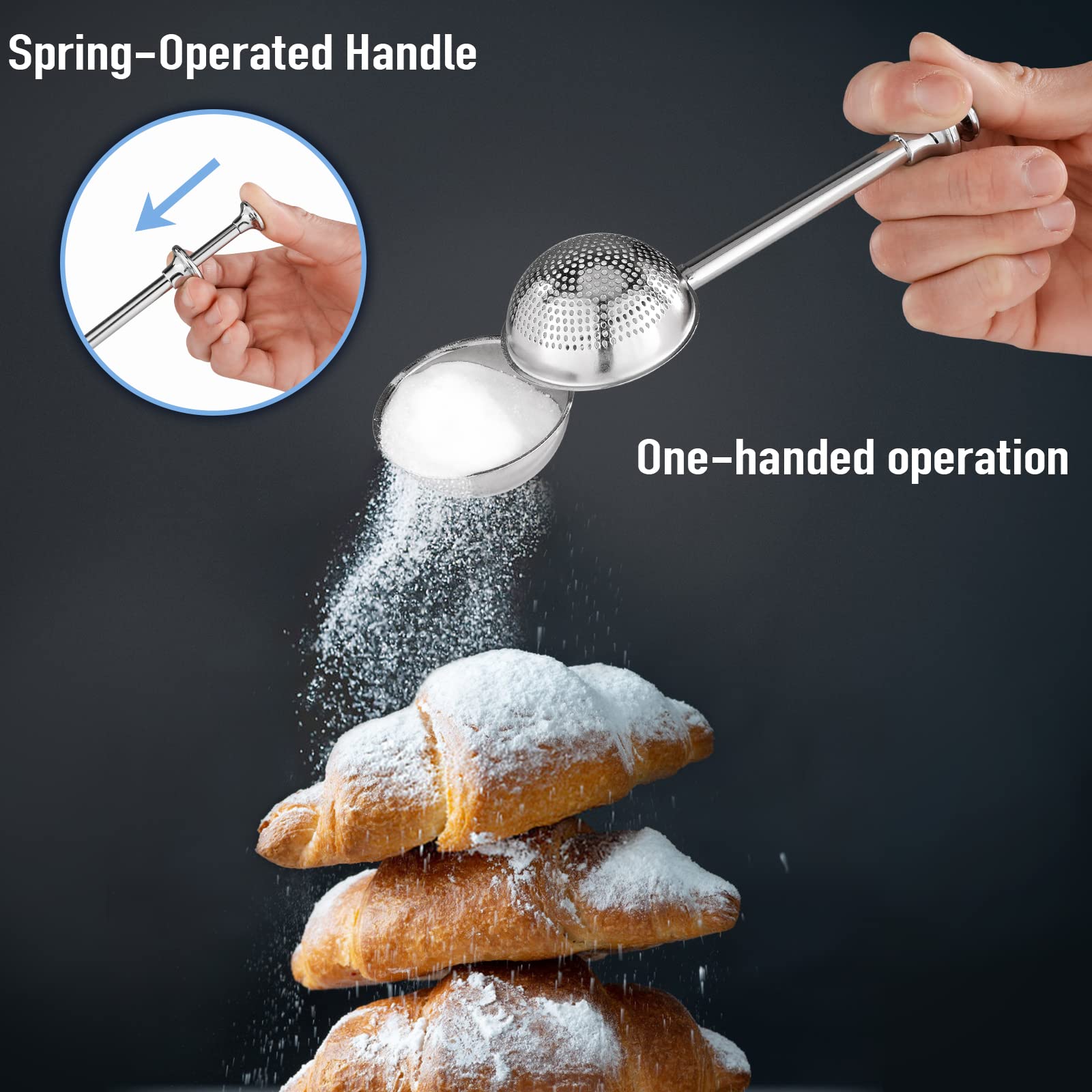 Piquebar Flour Sifter - 5 Cup Fine Mesh Hand Crank Sifter Stainless Steel With Agitator Wire Loop For Baking, Powdered Sugar Dus