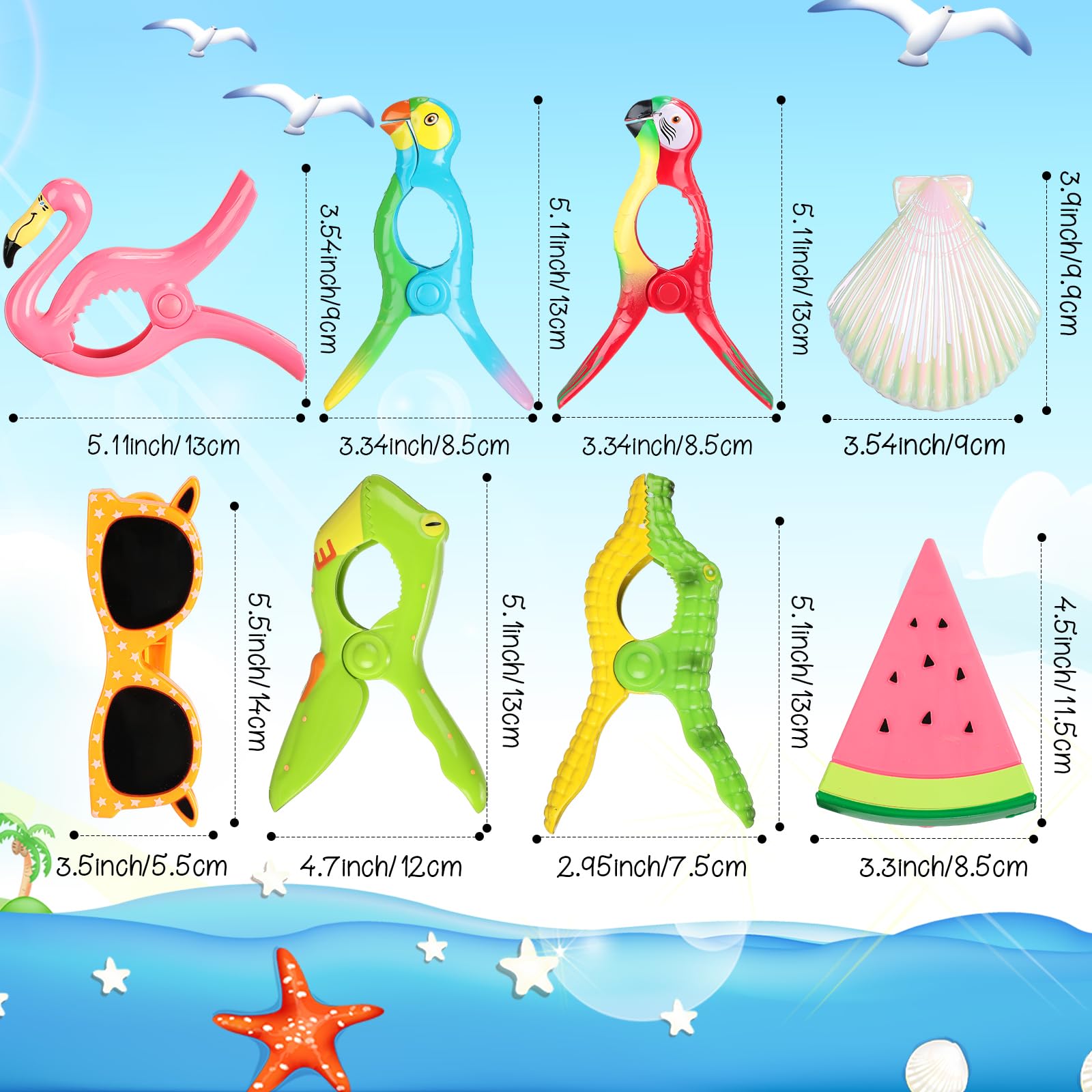 Rtteri 16 Pcs Beach Towel Clips Cute Towel Clips For Chairs Beach Towel Holder Clothes Pegs Clothes Pins For Patio Beach Pool, A