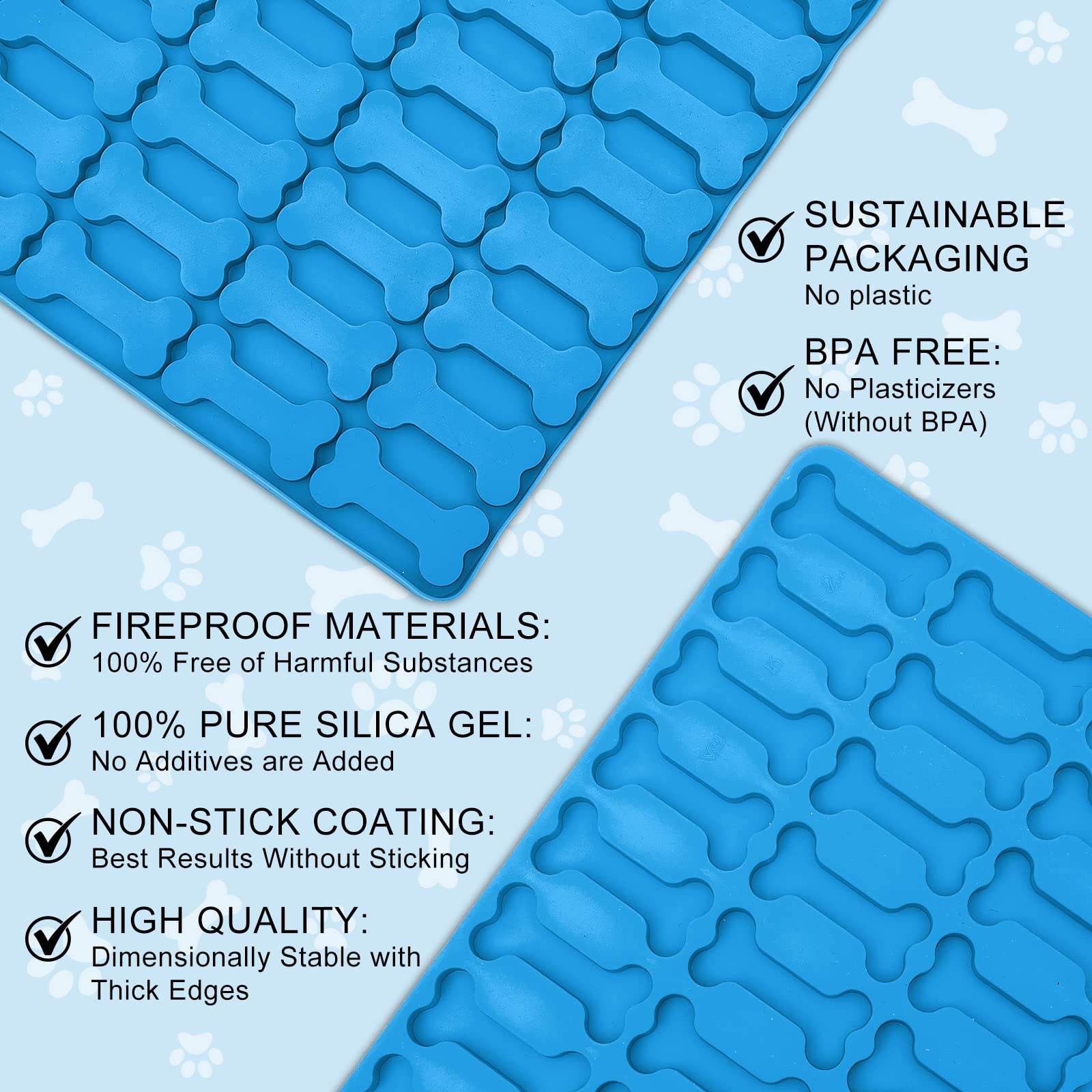 Nuogo Dog Treat Molds - 3 Pcs Silicone Bone Molds, Blue, Non-Stick, Oven/Microwave Freezer Safe, 15/44/108 Cavity