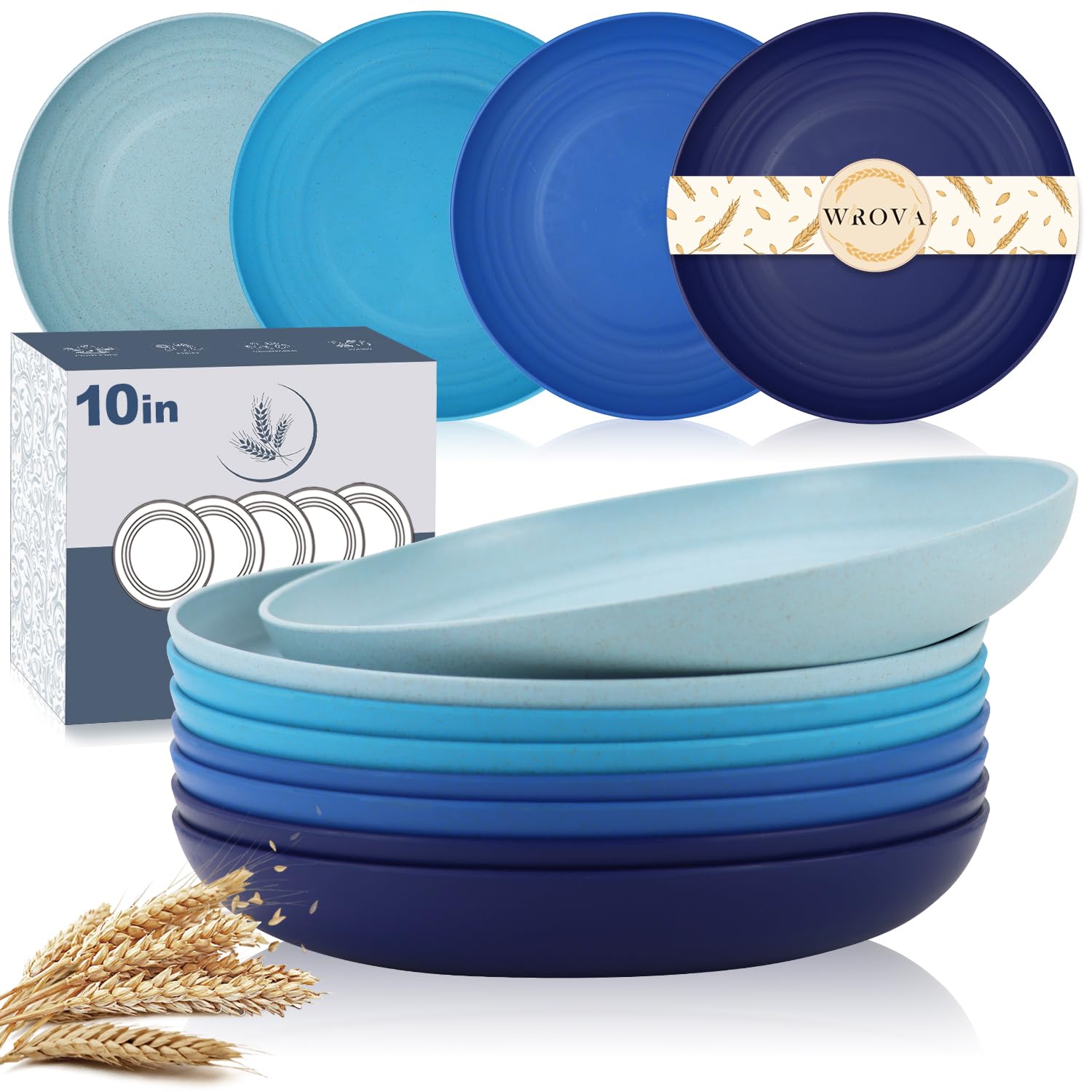 Wheat Straw Plates - 10 Inch Unbreakable Dinner Plates Set of 8 - Dishwasher & Microwave Safe Plastic Plates Reusable - Lightwei