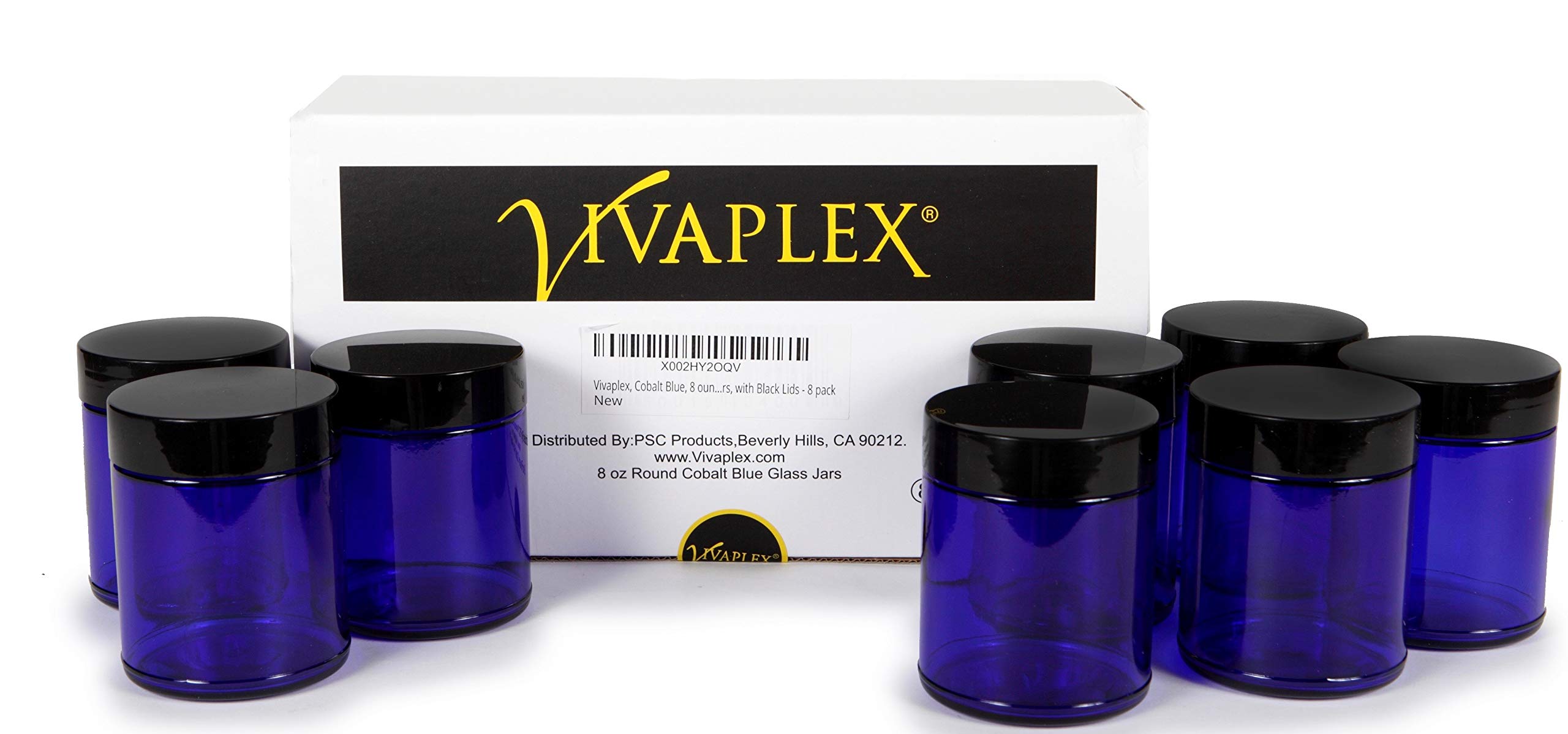 Vivaplex, Cobalt Blue, 8 Ounce, Round Glass Jars, With Black Lids - 8 Pack