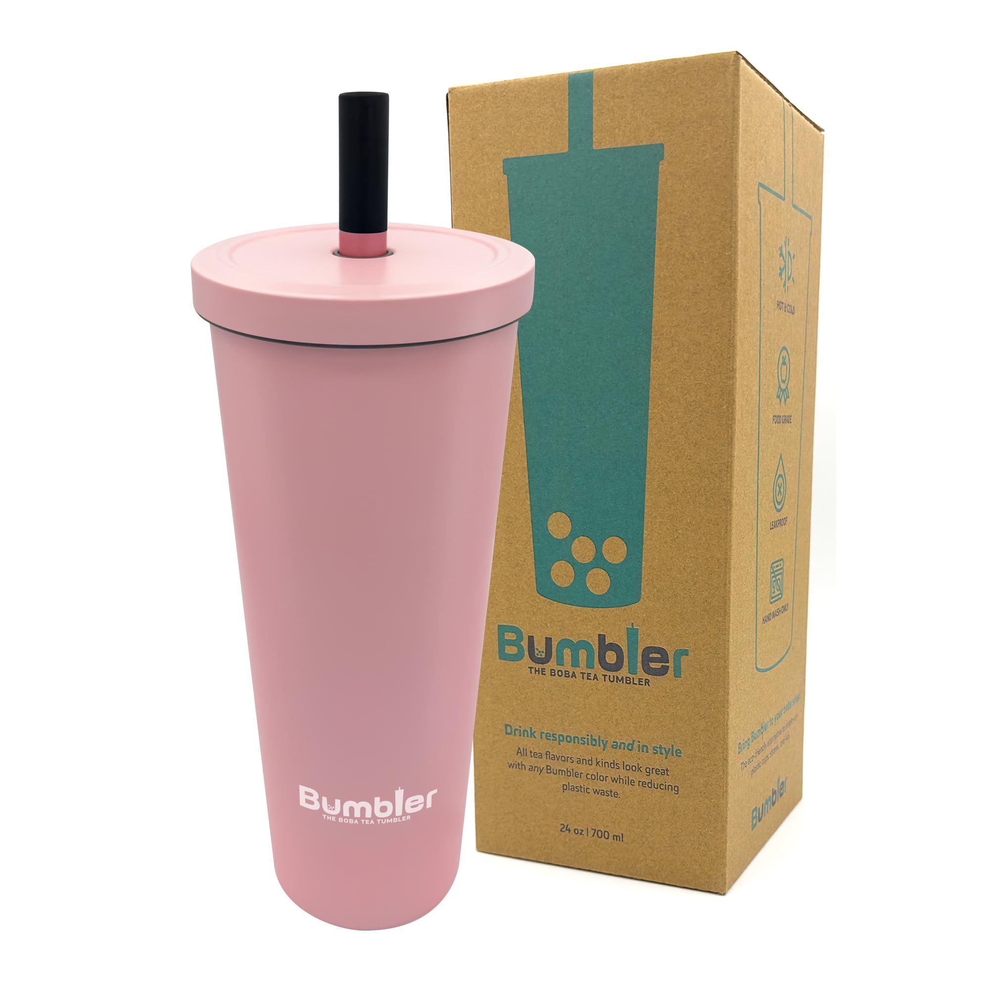 Stainless Steel Bumbler - 24 Oz Large Reusable Eco-Friendly Tumbler With Wide Duo Material Metal Straw - Perfect For Boba/Bubble