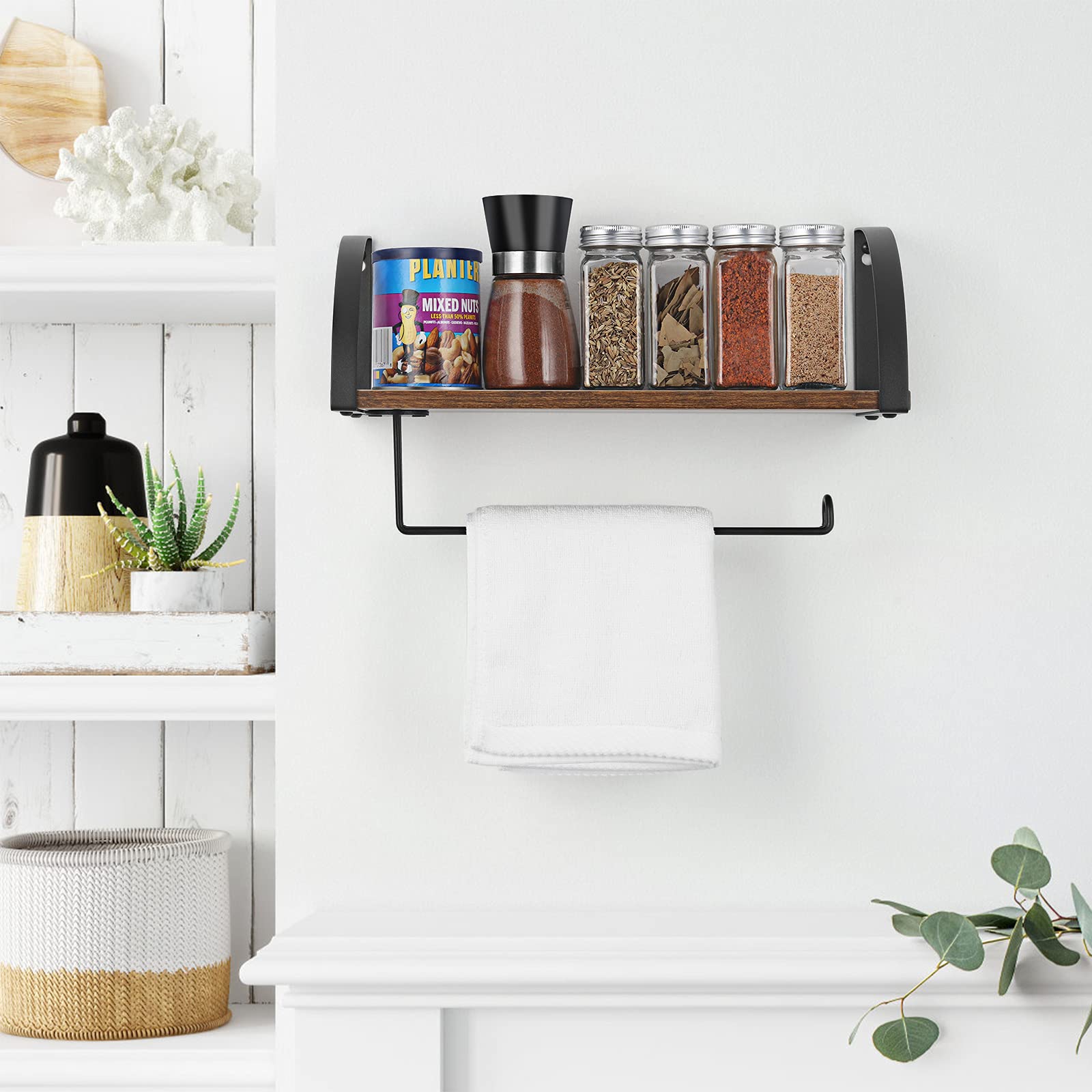 Paper Towel Holder With Shelf Storage, Wall Mount 2-In-1 Kitchen Paper Roll Towel Holder Rustic Farmhouse Under Cabinet Spice Ra
