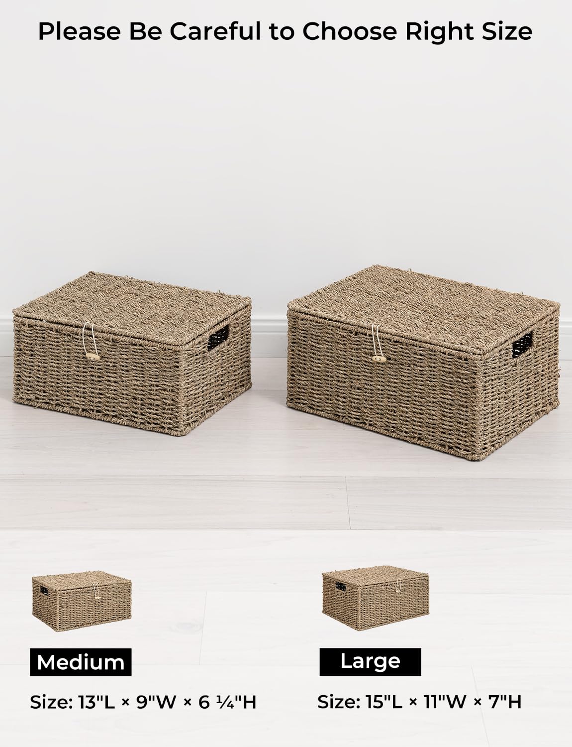 Storageworks Seagrass Wicker Baskets For Organizing, Medium Wicker Basket With Lid, Decorative Basket With Built-In Handles, Tow