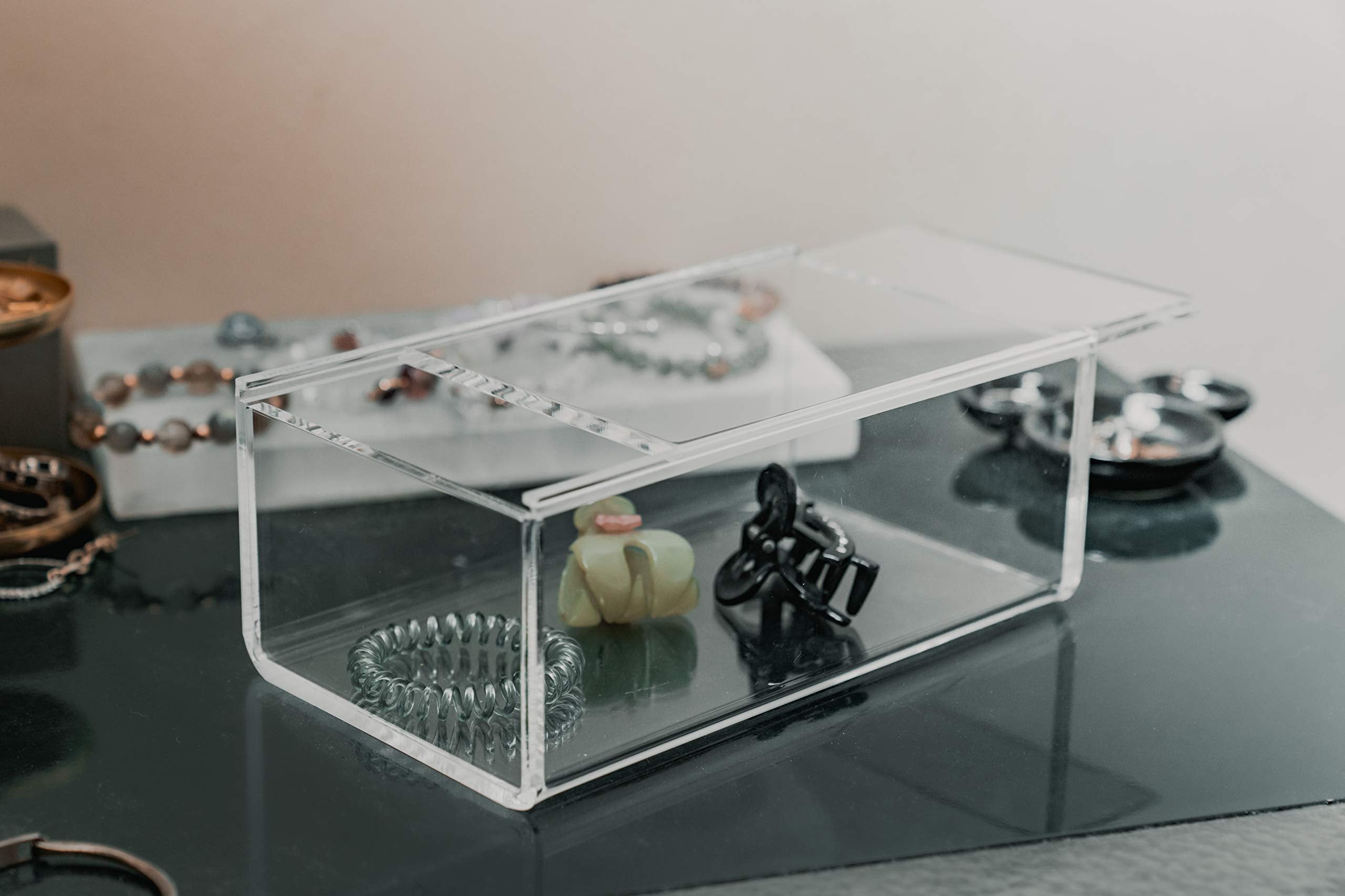Huang Acrylic Clear Catchall Storage Container With Sliding Lid | 4.75''X8''X3.25'' Rectangle Bin For Organizing Kitchen, Bedroo