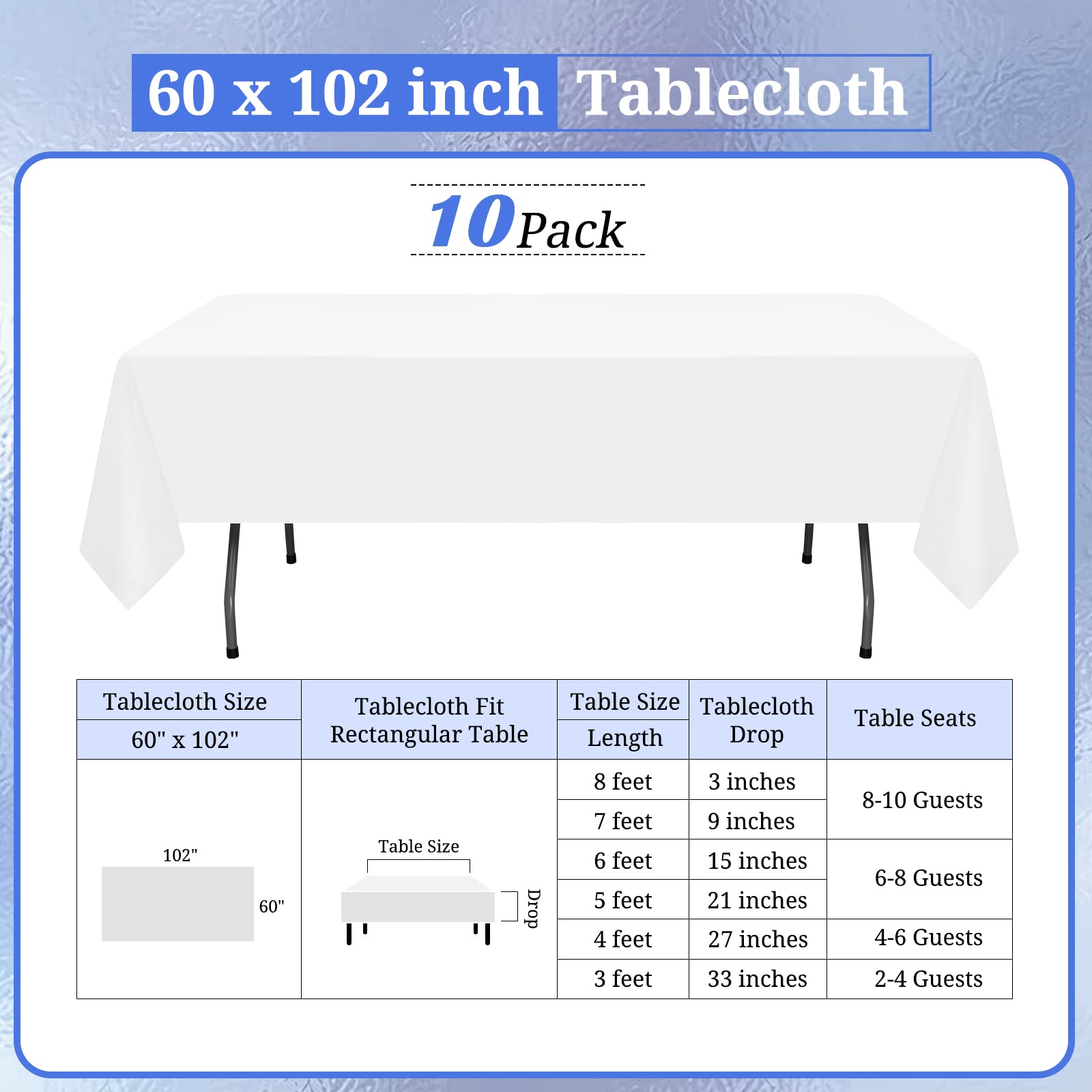 10 Pack Polyester Tablecloth, 60 X 102 Inch White Polyester Table Cloth For 6 Feet Rectangle Tables, Stain And Wrinkle Resistant