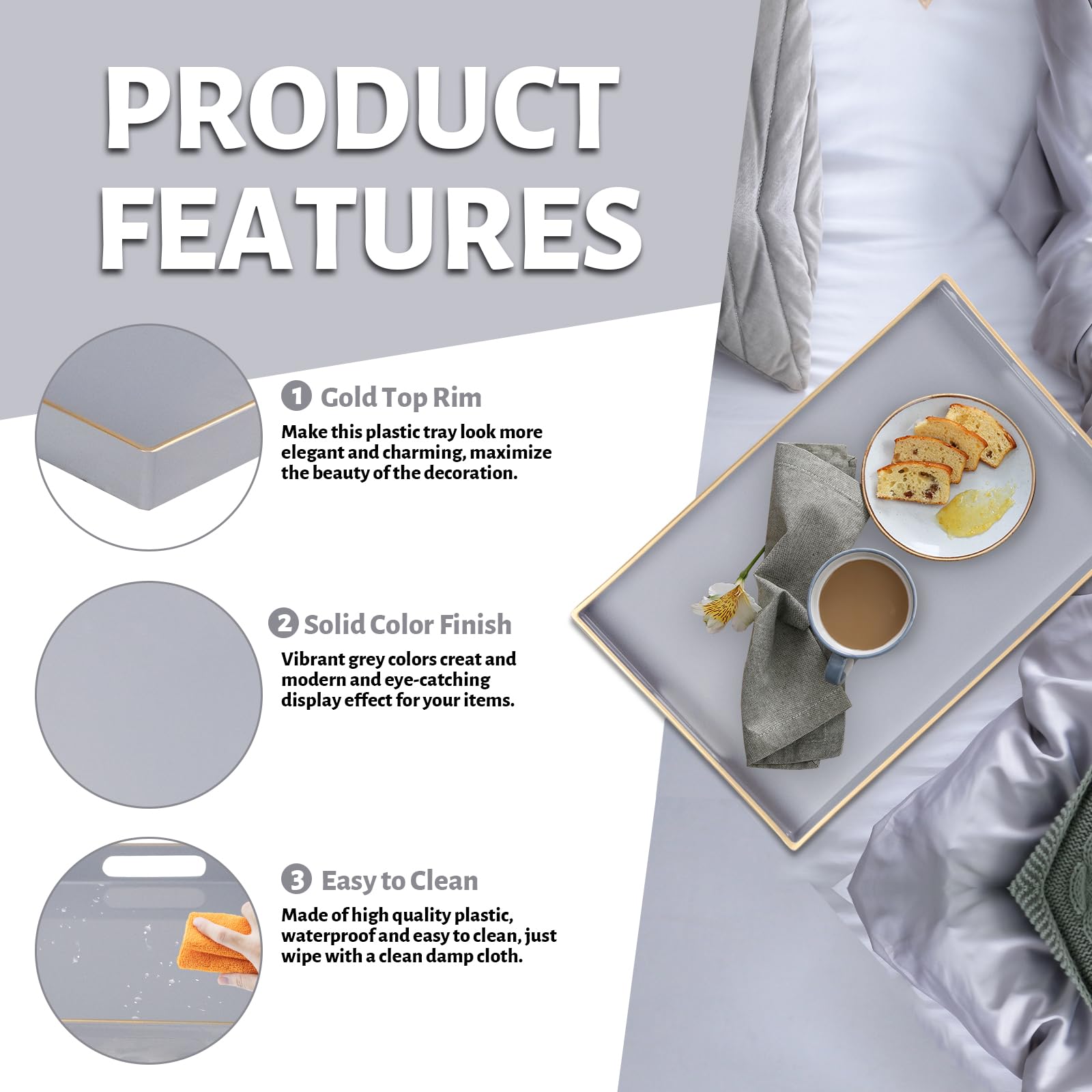 Maoname Gray Serving Tray With Handles, Modern Grey Decorative Tray For Coffee Table, Plastic Rectangular Gray Tray For Ottoman,