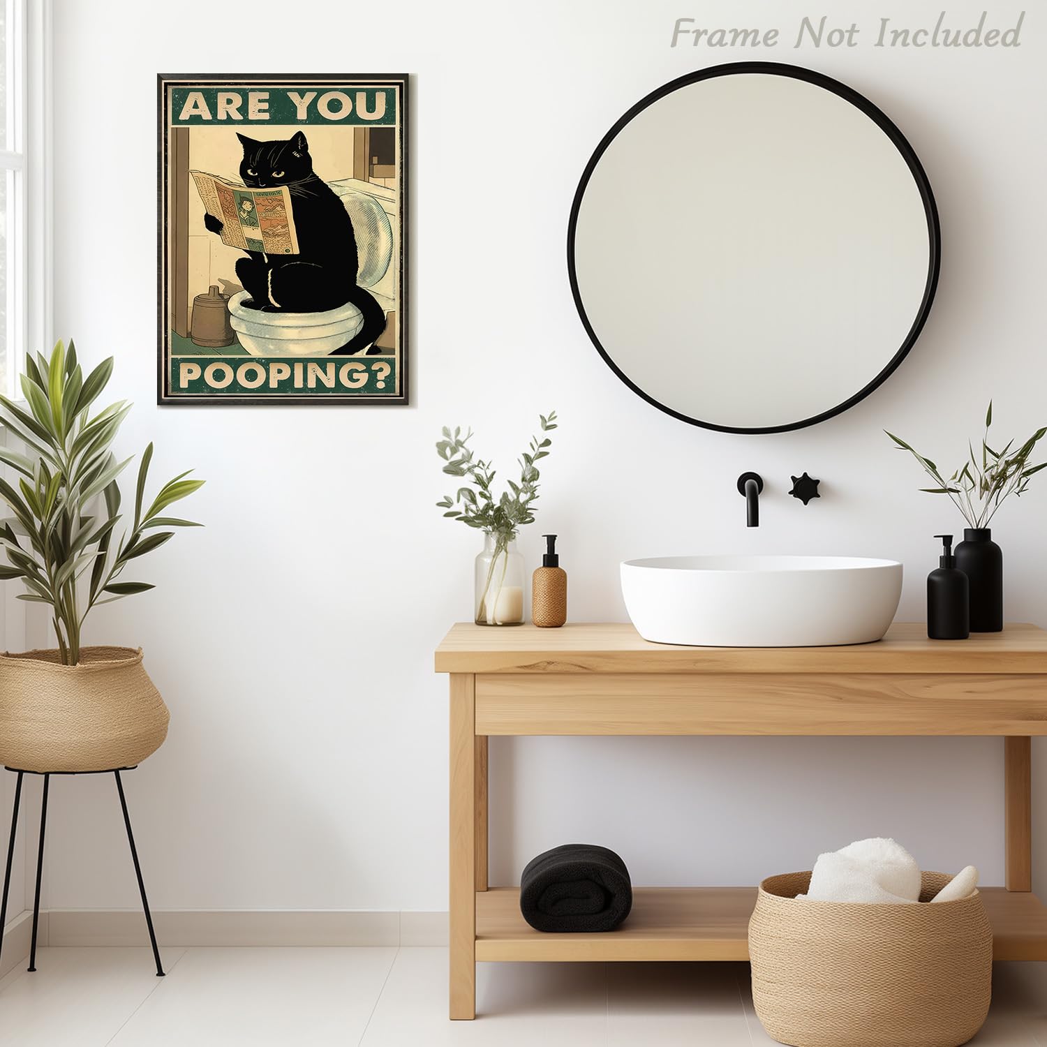Dazzlewall Funny Black Cat Bathroom Wall Art Are You Pooping Cat Sign Vintage Cat Sitting On The Toilet Reading Newspaper Poster