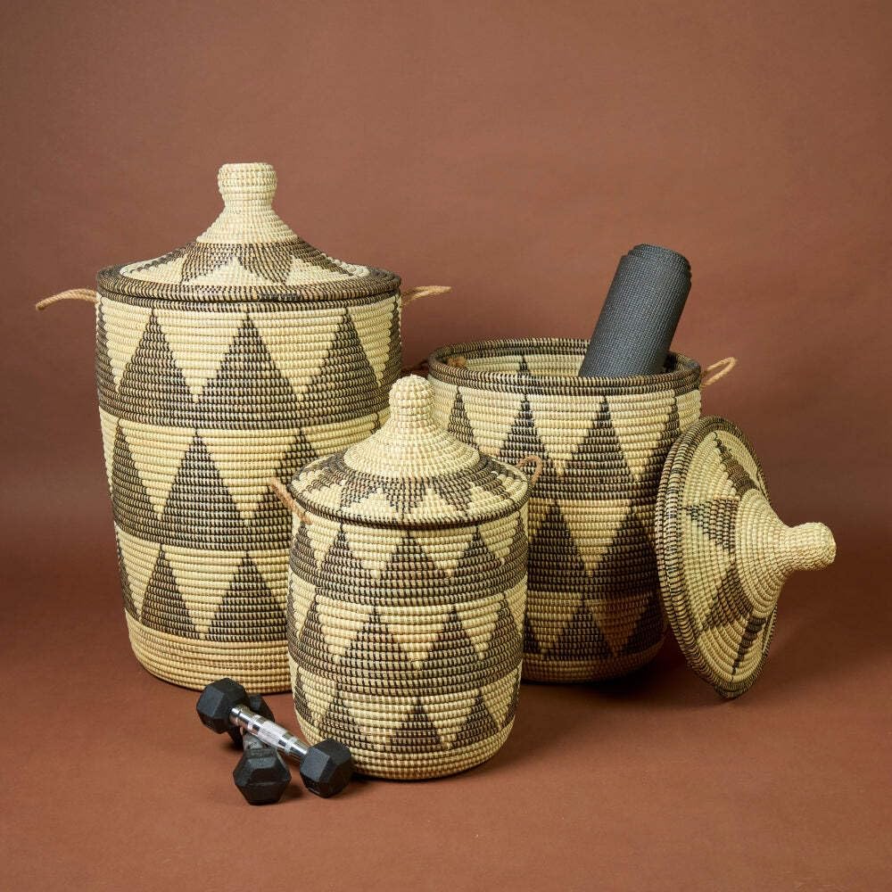 Decorative Wicker Baskets With Lid & Handles, Laundry Hamper, Blanket Storage, Toy Bin, African Woven, Hood Lid, Black Triangles