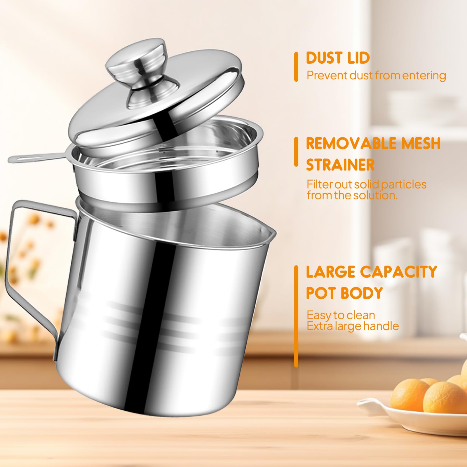 Chihee Grease Container Stainless Steel Bacon Grease Saver With Fine Mesh Strainer 1.2L / 40 Fl Oz Oil Container Grease Can With