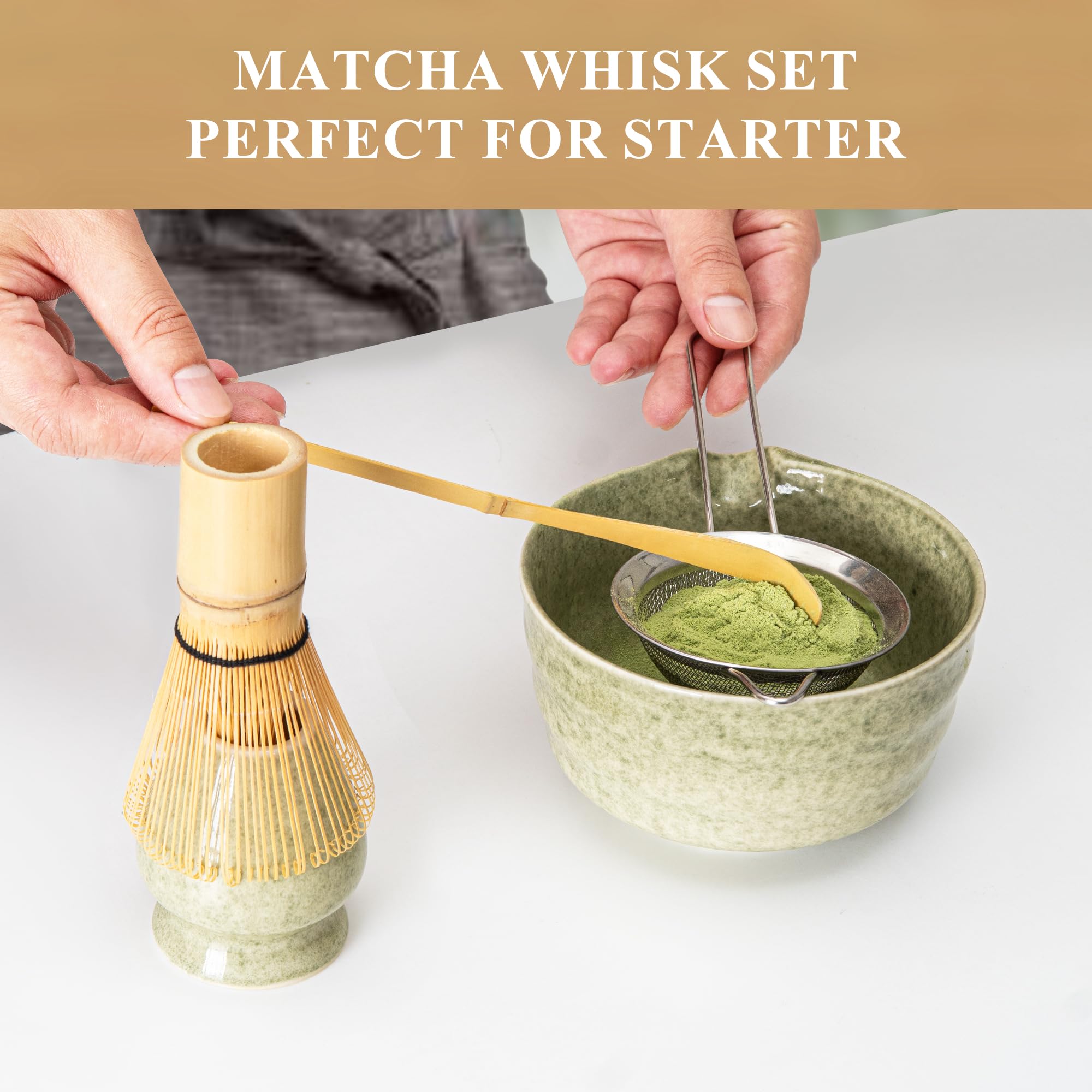 Matcha Whisk Set, Matcha Making Kit Whisk (Chasen Holder), Ceramic Whisk Holder (Mottled Green), Bamboo Scoop, Powder Starter Si