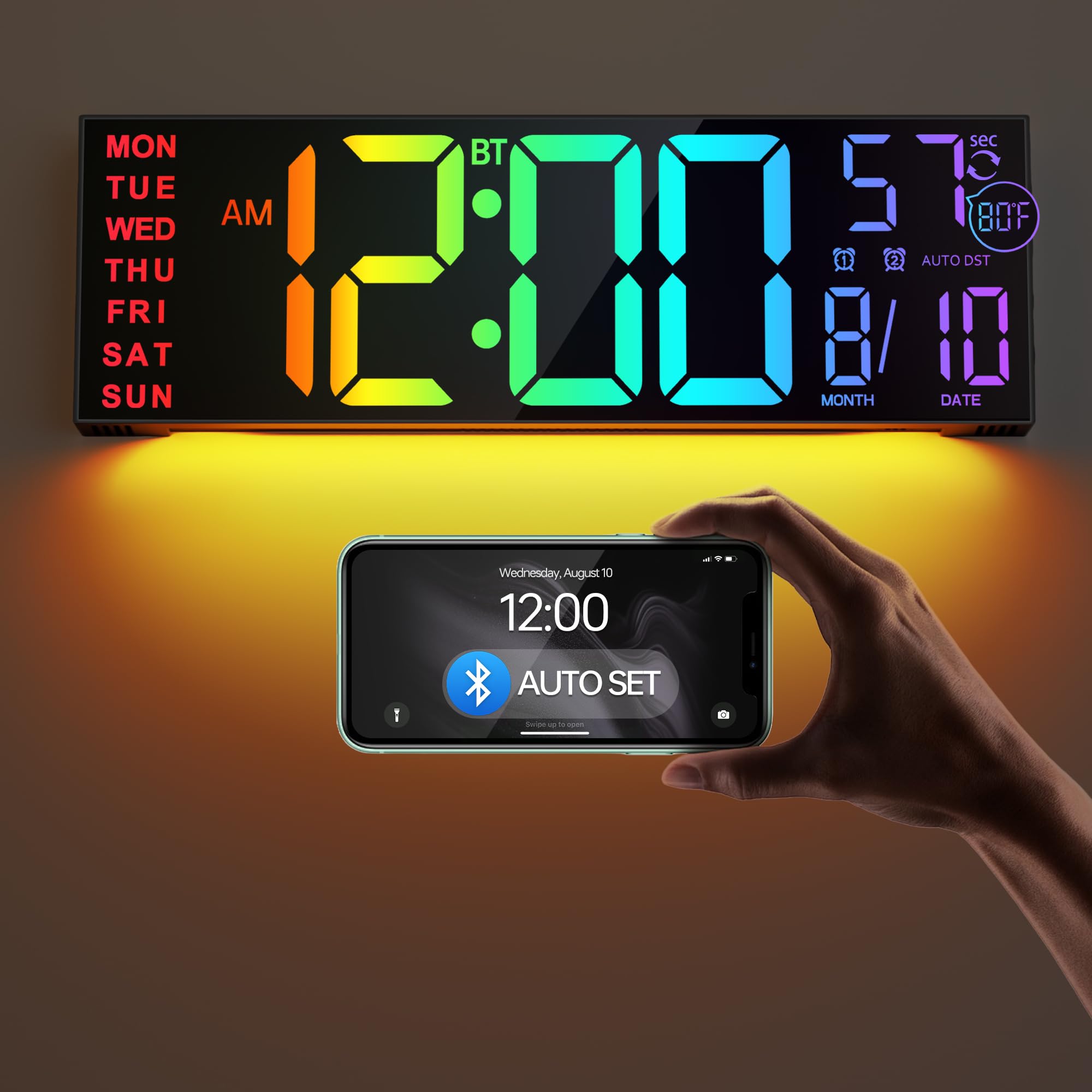 Jall 16.2 Large Digital Wall Clock With Bluetooth Sync, Alarm, Big Led, Rgb Color, Auto Dst, Temperature For Classroom Bedroom, 