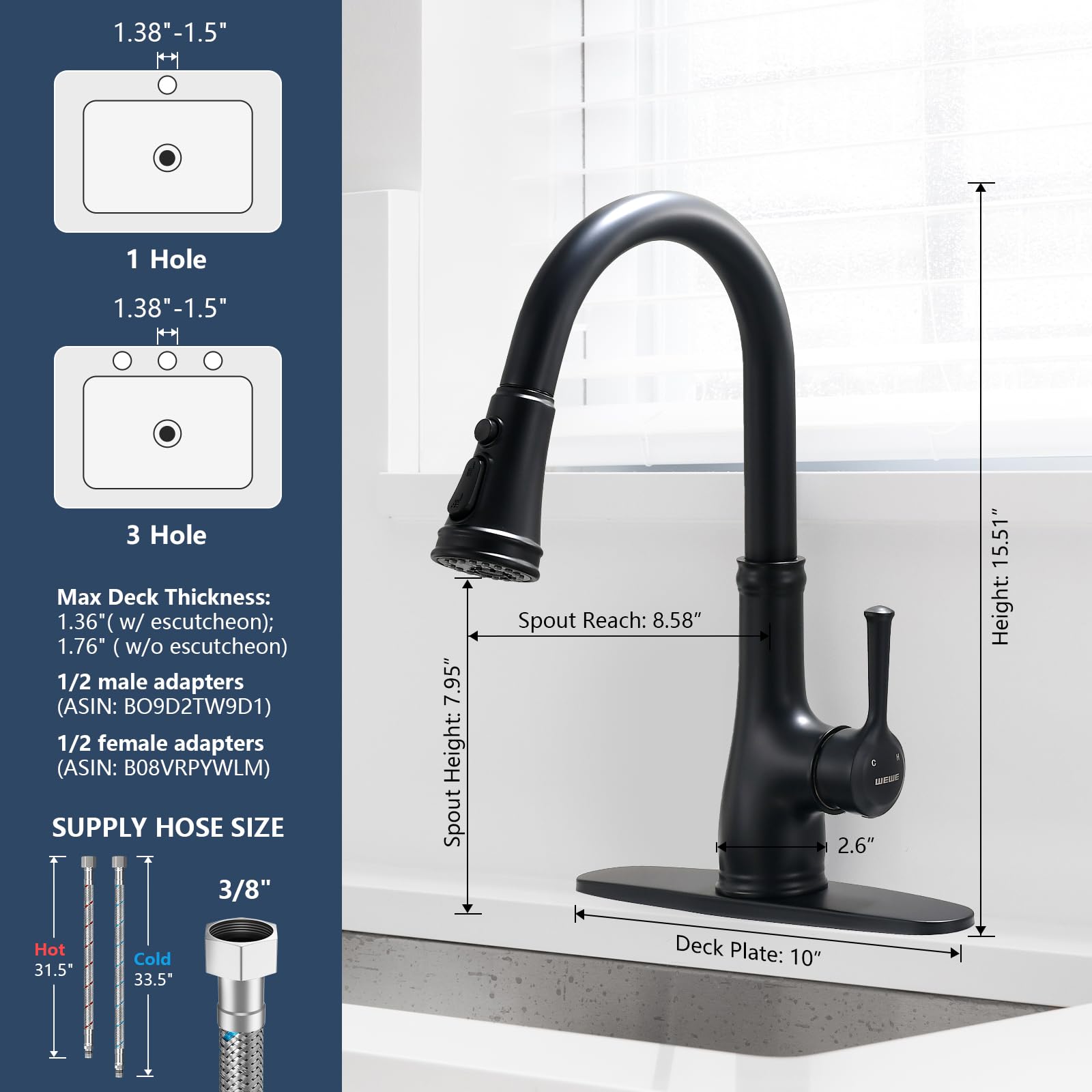 Black Kitchen Sink Faucet  Single Handle Pull Down Matte Black Kitchen Faucet with Sprayer  WEWE
