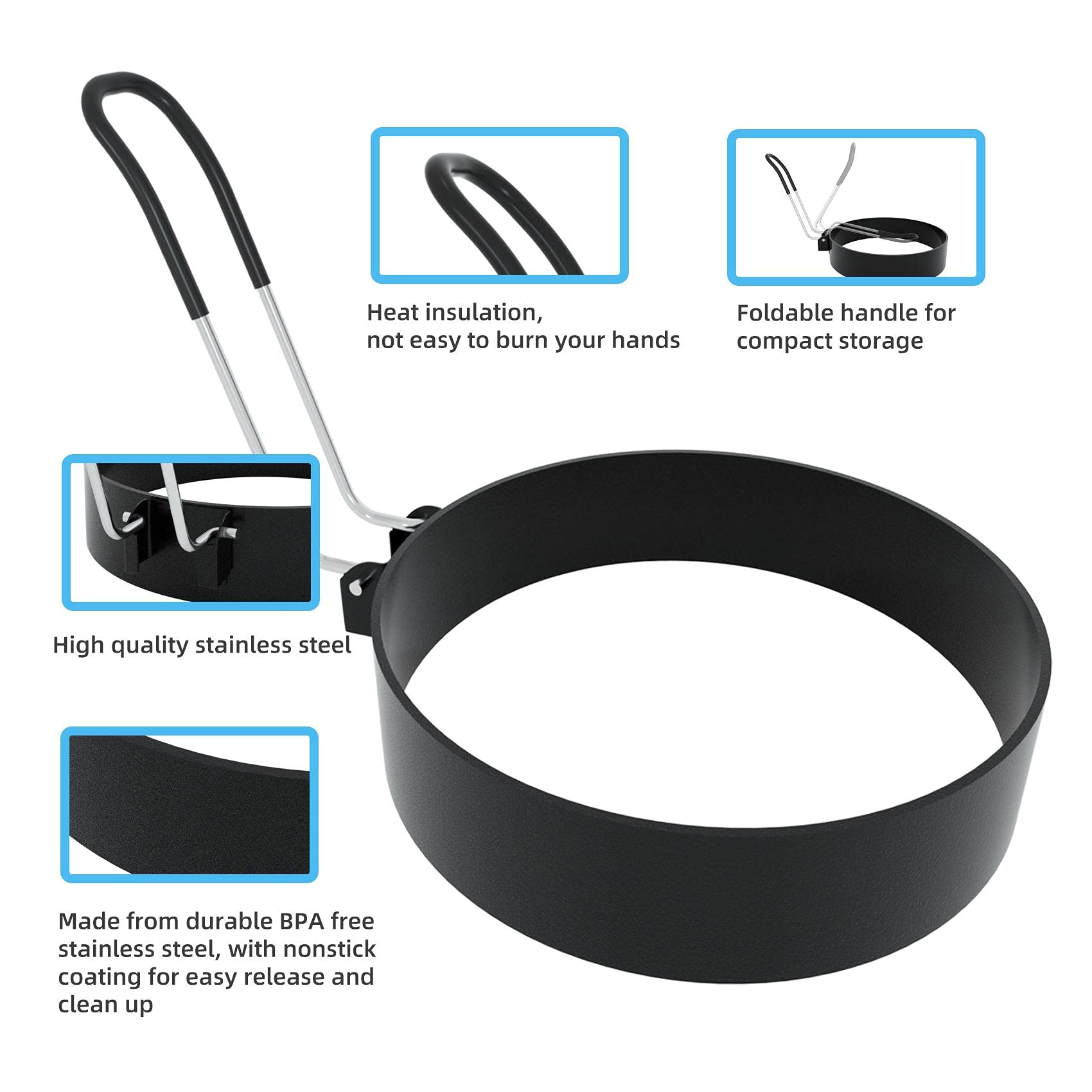 Ameupin Egg Rings  3.5 Inch Egg Cooking Rings for Griddle Frying Eggs (4 Pack Food Grade Stainless Steel Non Stick Round Egg Pancake Molds with Oil Brush and Egg Separator)