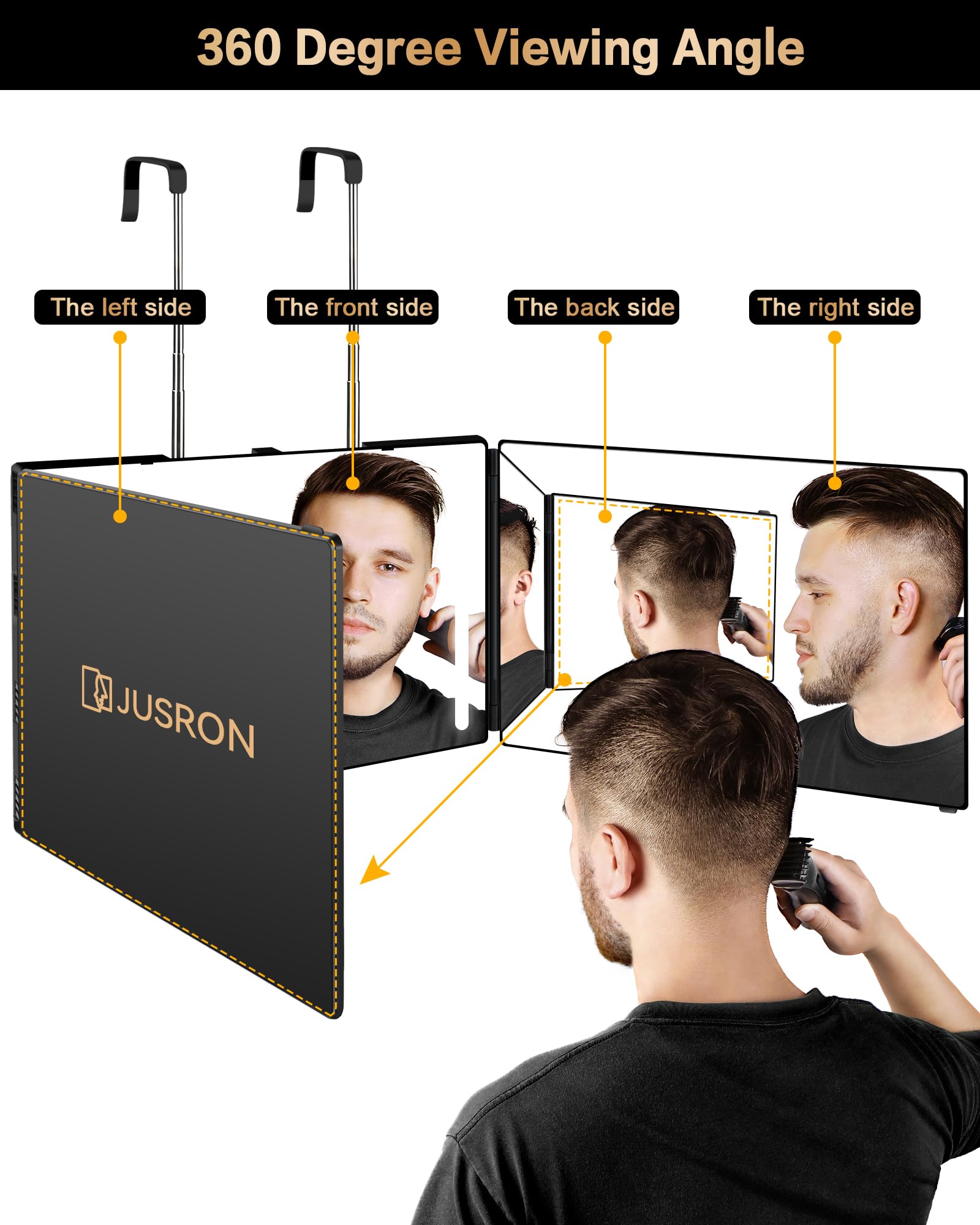 JUSRON 360° Viewing Angle Self Hair Cutting Mirror, Anti-Fog HD Glass, USB Rechargeable, Portable, 12.4"L x 7.5"W, Black with LED
