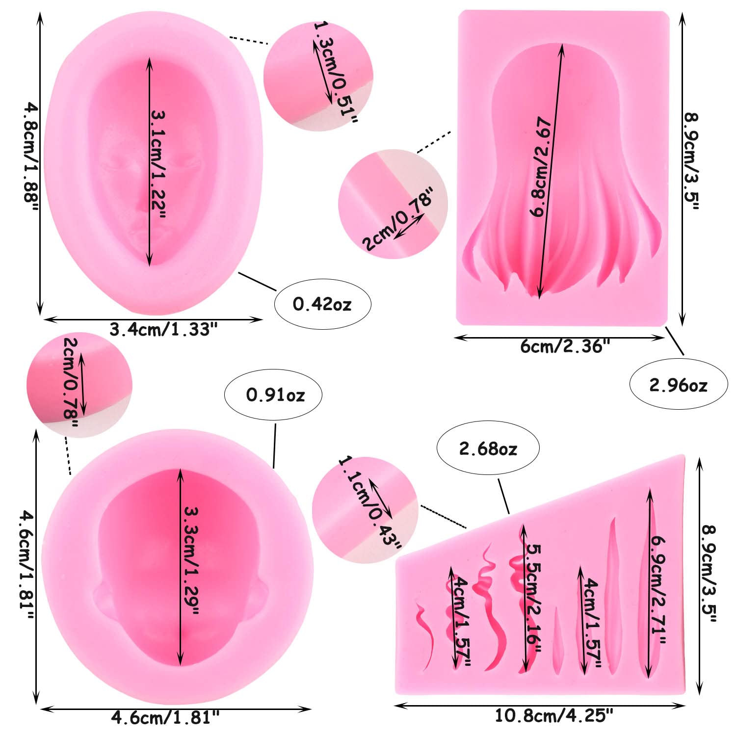 Mujiang 3D Human Face Silicone Molds Doll Hair Fondant Molds For Cake Decorating Chocolate Candy Clay Set Of 4