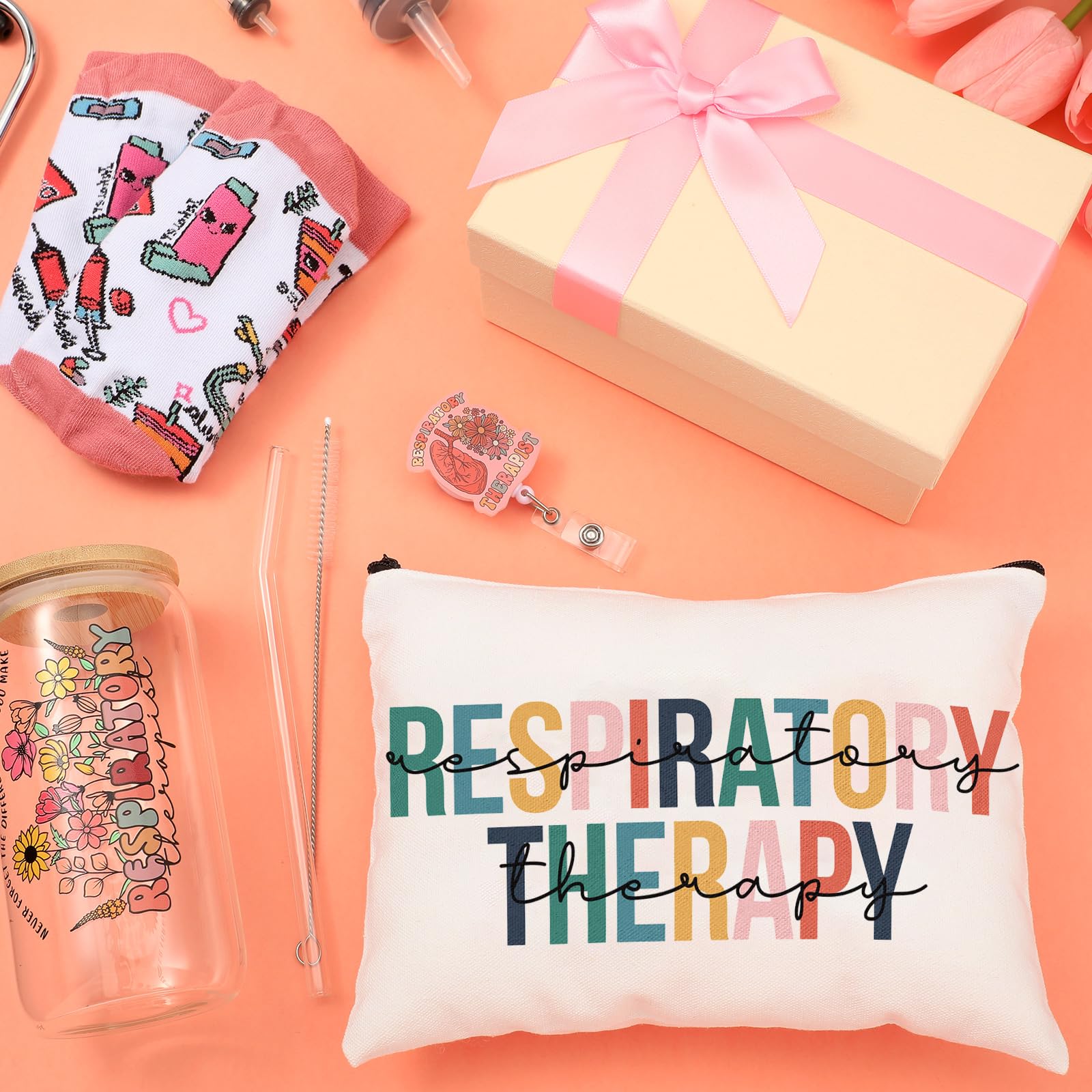 Skylety 5 Pcs Christmas Respiratory Therapist Gifts Set 16oz Glass Cup Socks Cosmetic Bag RT Badge Reel Thank You RT Appreciatio