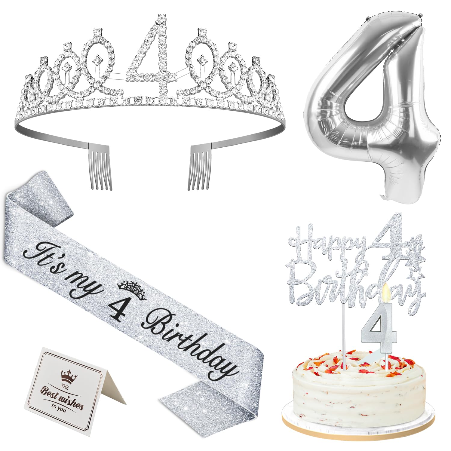 4th Birthday Decorations for Girls Silver with 4th Birthday Sash and Tiara, Cake Topper and Candle, Silver Number Balloon, 4 Yea