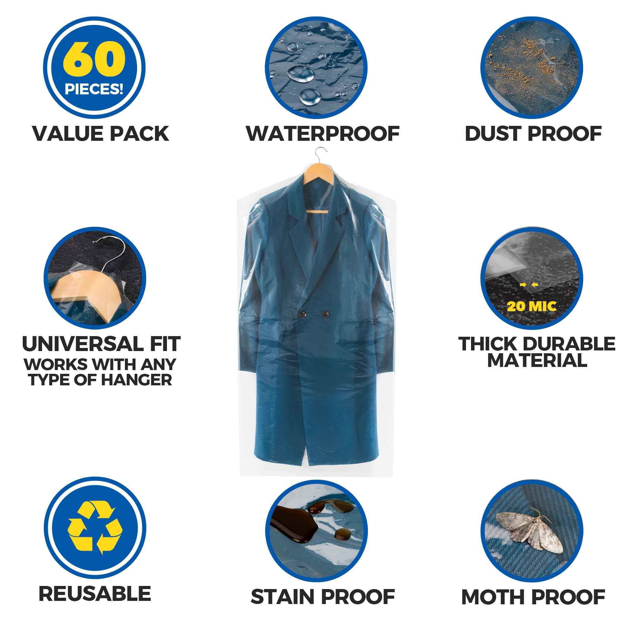 60-Pack Dry Cleaning Bags For Clothes 40-Inch Long - Clear Plastic Garment Bags For Hanging Clothes, Dry Cleaner Plastic Clothin