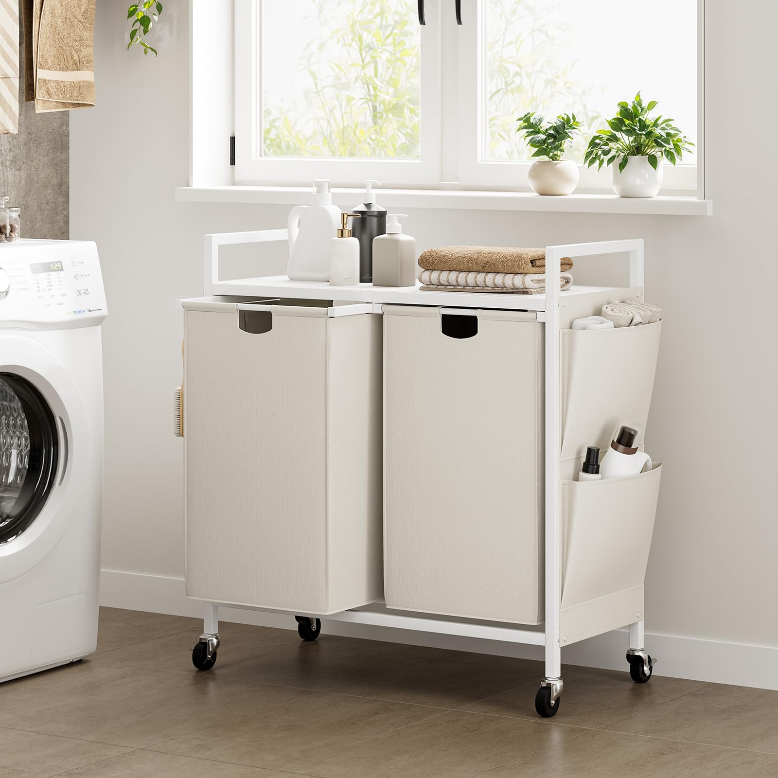 Wowlive Double Laundry Hamper With Lid,Rolling Laundry Basket Organizer With Wheels, Iron-Made Laundry Sorter With Top Shelf And