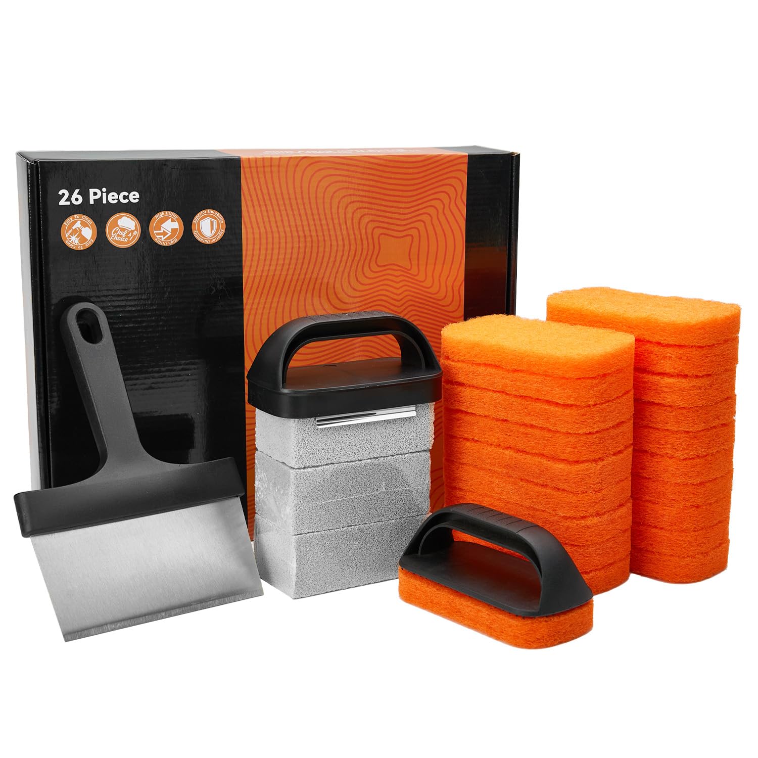 Griddle Cleaning Kit For Blackstone, 26 Pieces Flat Top Grill Accessories Cleaner Tool Set - 1 Scraper, 3 Cleaning Brick, 20 Sco