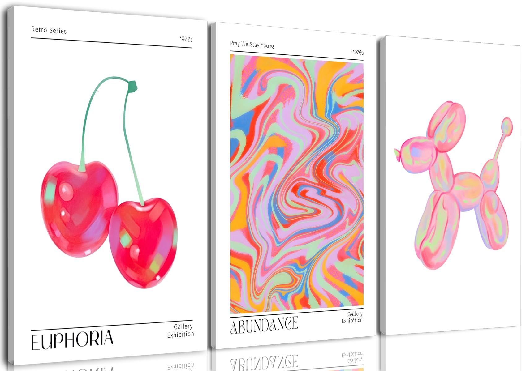 Framed Pink Preppy Wall Art Set Of 3 Trendy Cute Balloon Dog Cherry Posters Abstract Aura Canvas Prints Modern Colorful Painting