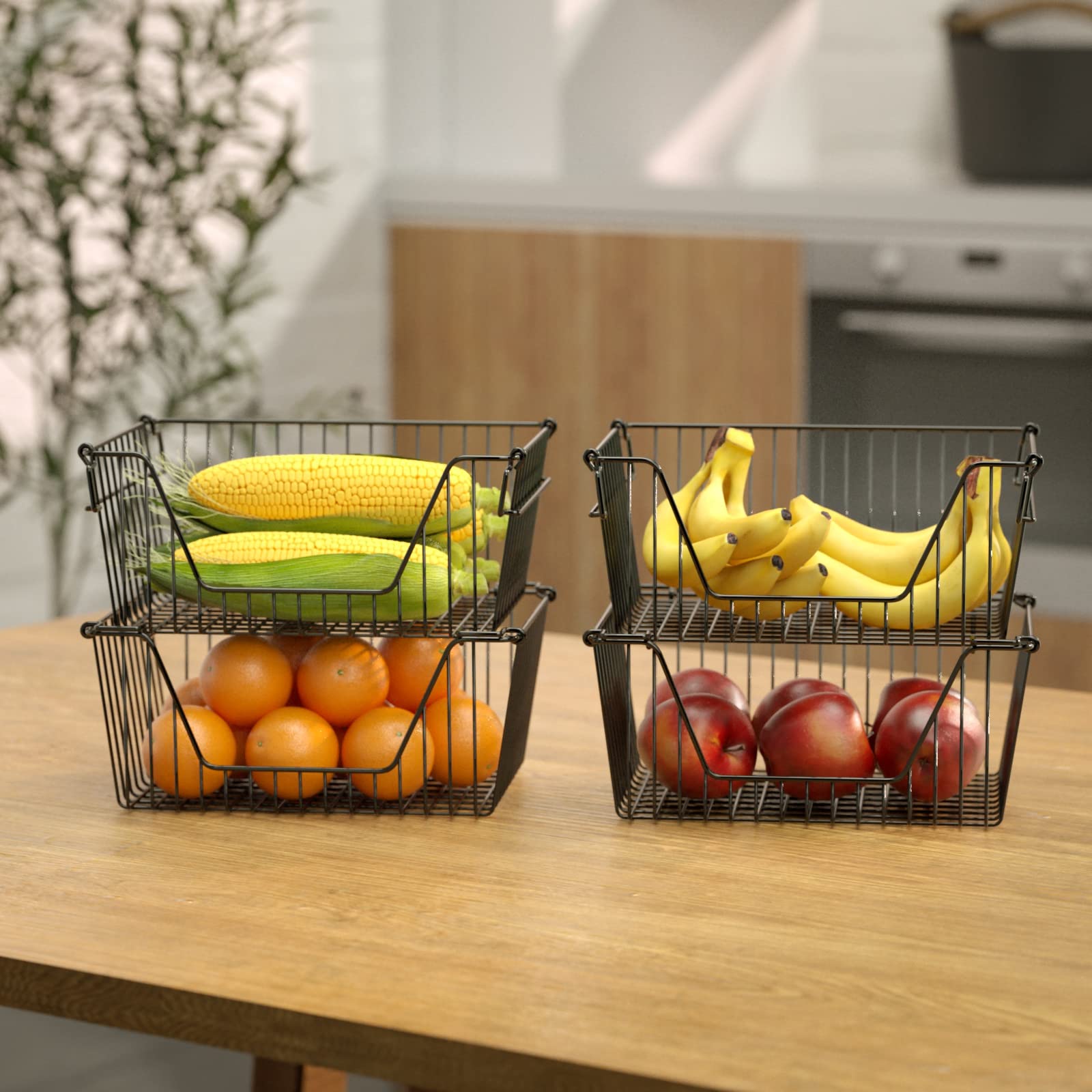 Slideep Wire Storage Baskets For Organizing, 4 Pack 14'' Stacking Metal Wire Freezer Organizer Bins With Handles, Large Pantry B