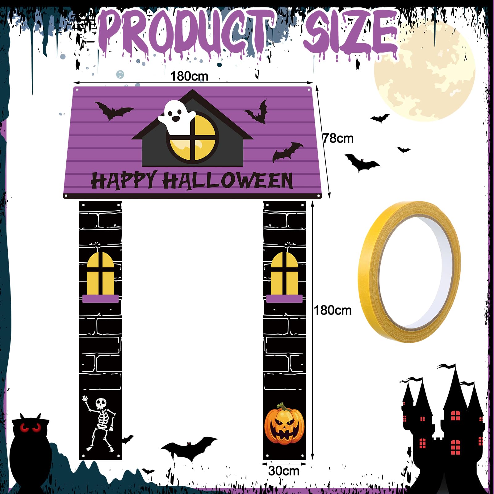 HunnmingRe 71 Inch 3 Pcs Halloween Ghost Style Door Banner Merry Wrap Xmas Cover for Classroom Home