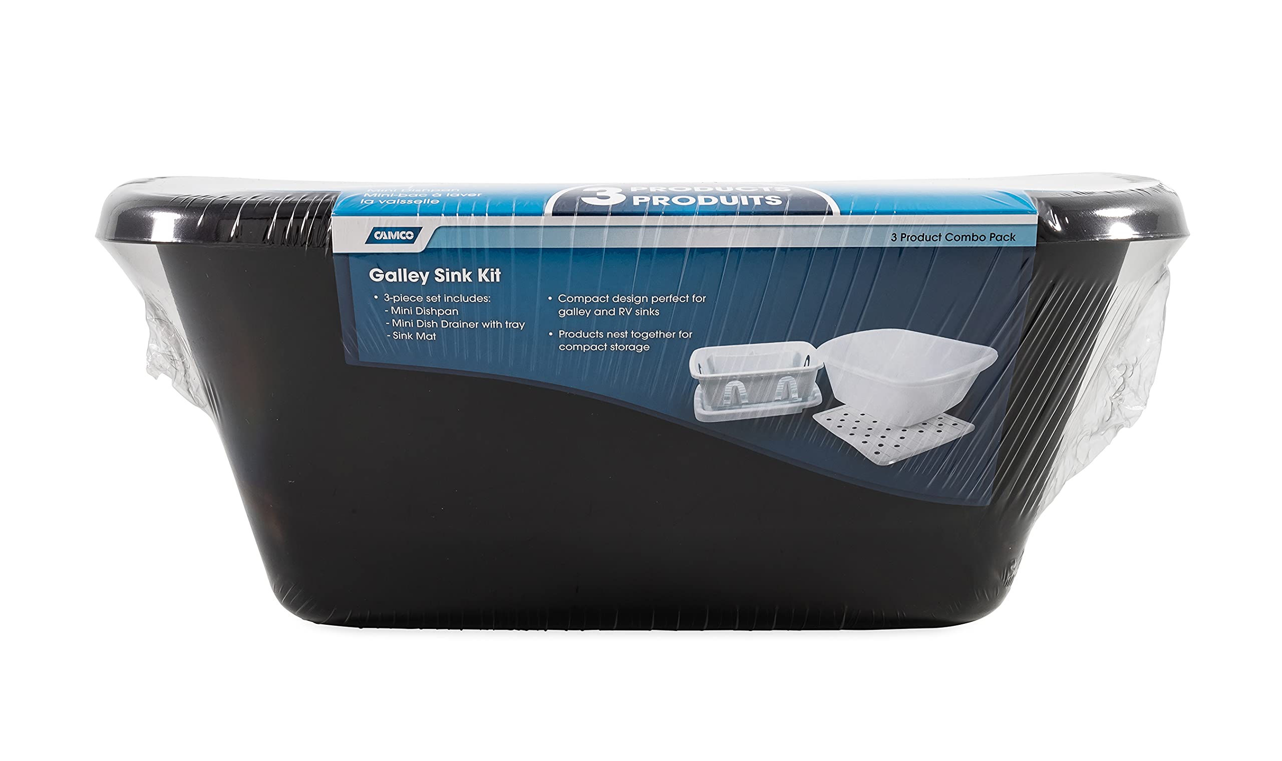 Camco 43518 Black Sink Kit With Dish Drainer, Dish Pan And Sink Mat