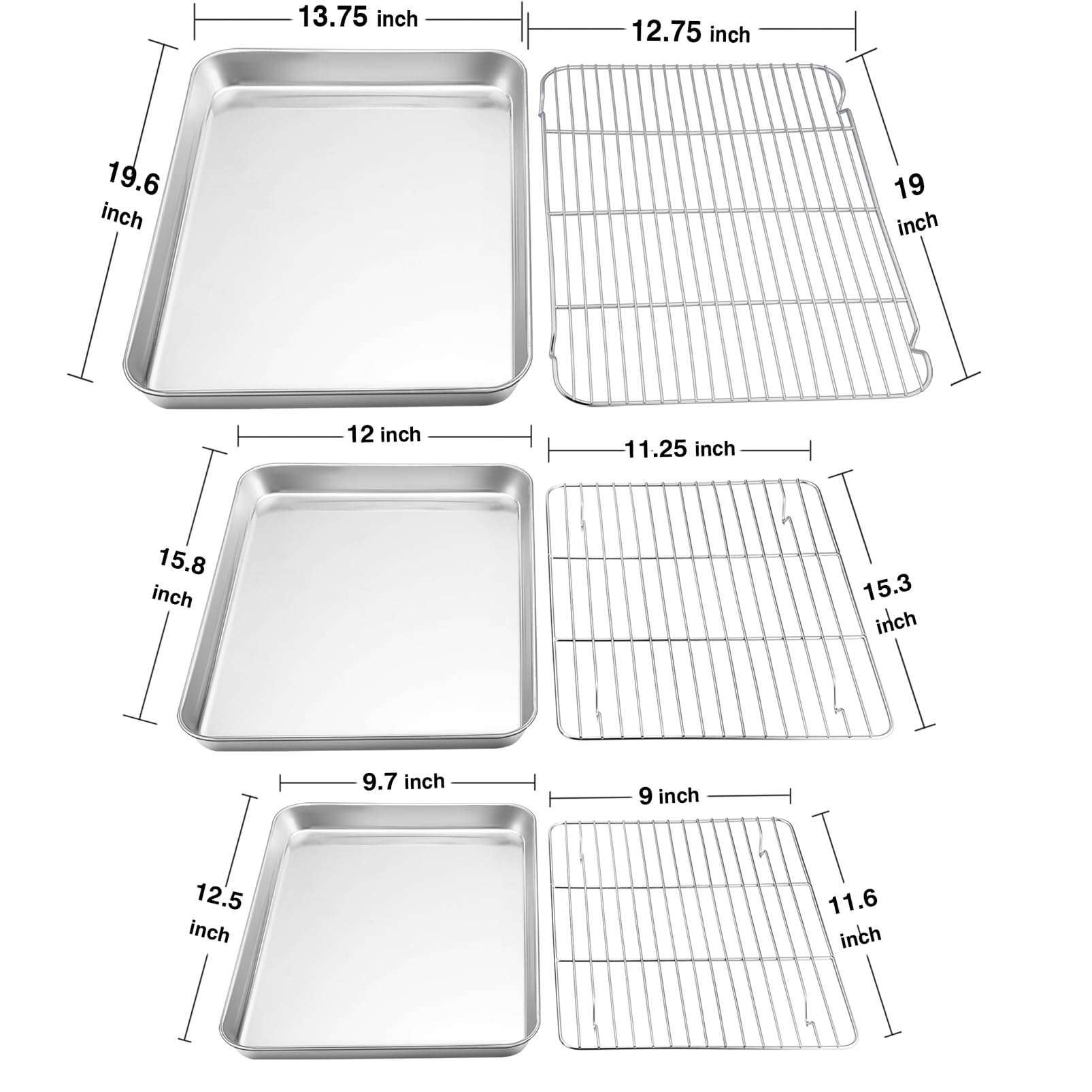 Teamfar Baking Sheet With Rack Set, 20 & 16 & 12, Stainless Steel Cookie Sheet Baking Pans With Cooling Roasting Racks, Non Toxi