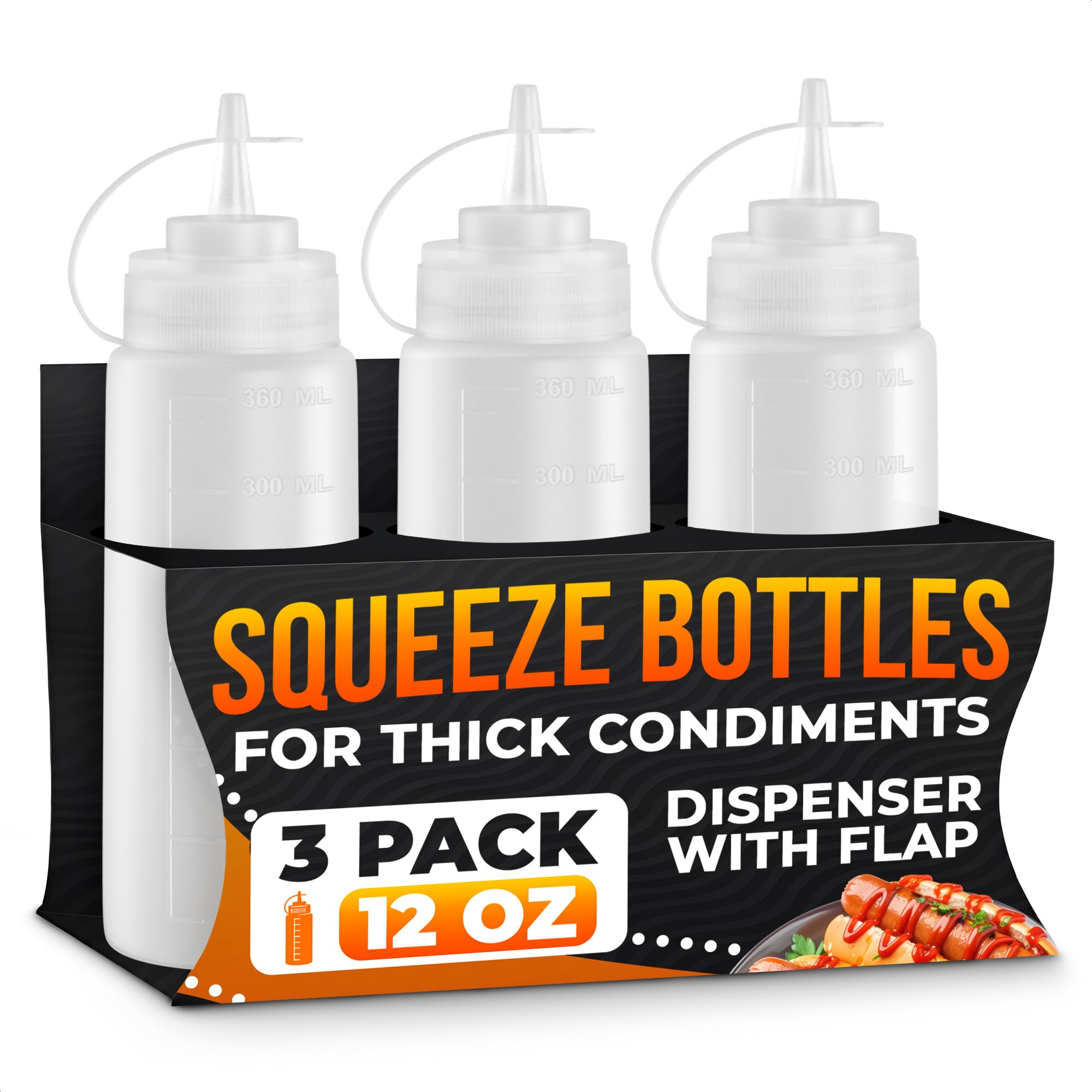 3-Pack Plastic Condiment Squeeze Bottles 12oz - Refillable Squirt Bottles with Narrow Tip, Leak-Resistant | Great for Oil, Sauce