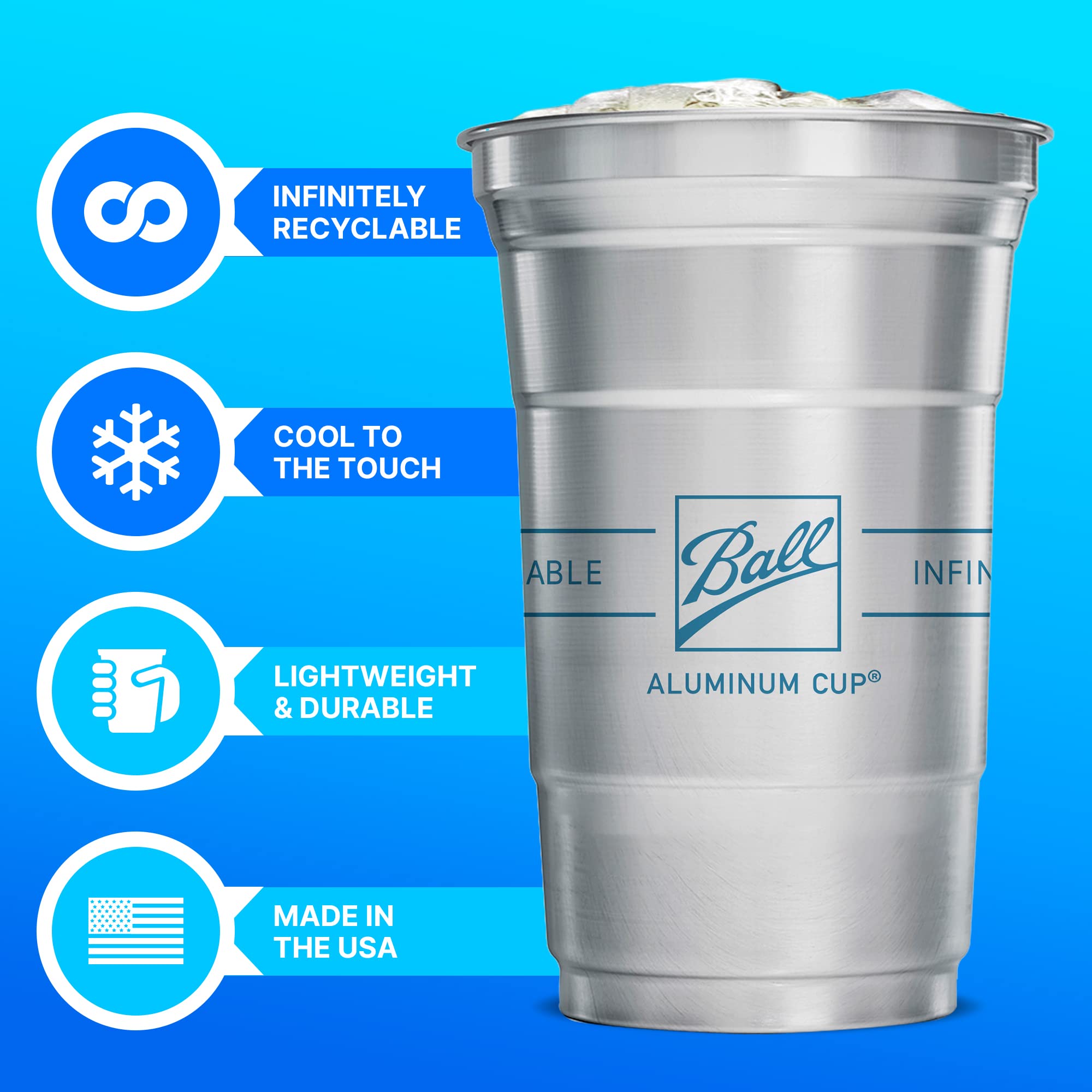 Ball Aluminum Cup Recyclable Party Cups, Wholesale Bulk Pack, Ball Logo, 20 Oz. Cup, 600 Cups Per Pack
