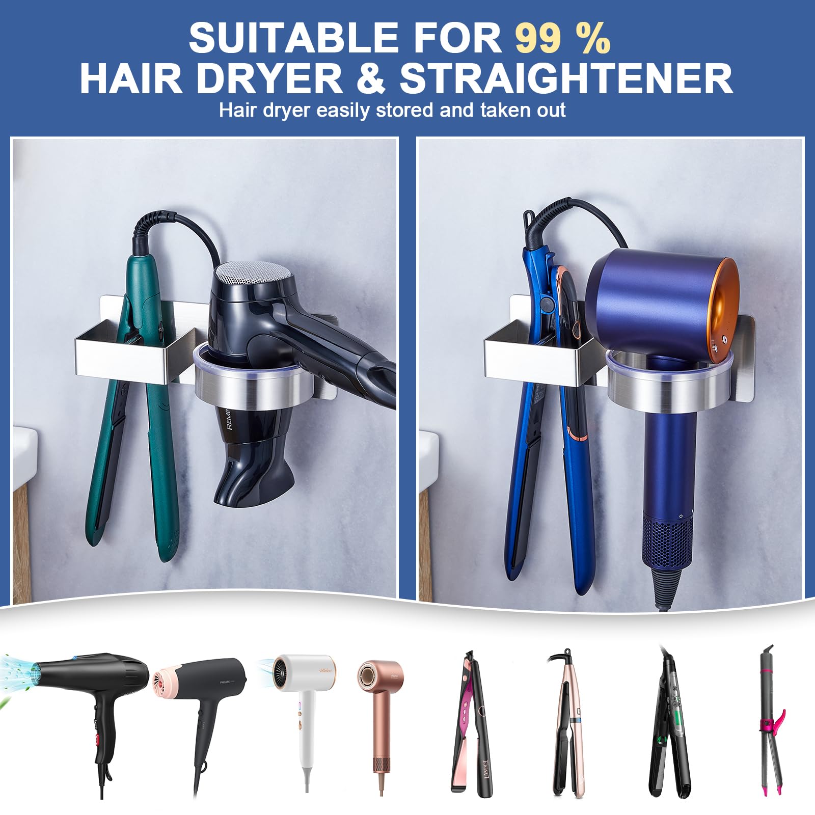 Yayinli Hair Dryer Holder Wall Mounted, Hair Tool Organizer For Bathroom, Adhesive Blow Dryer Holder, Stainless Steel Hair Dryer