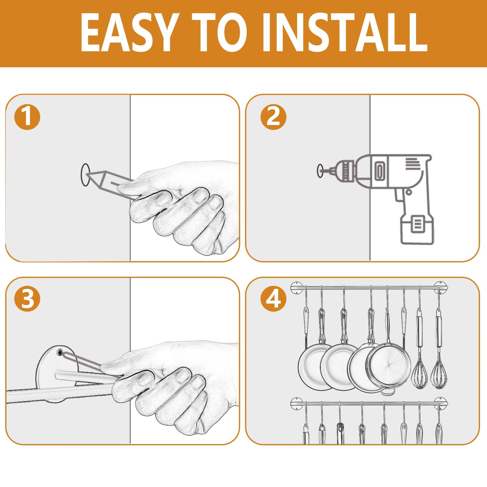 Black Steel-Made Kitchen Utensil Rack Organizer Wall-Mounted Pot Pan Wall Hanger Holder For Hanging Rail With 10 S Hooks