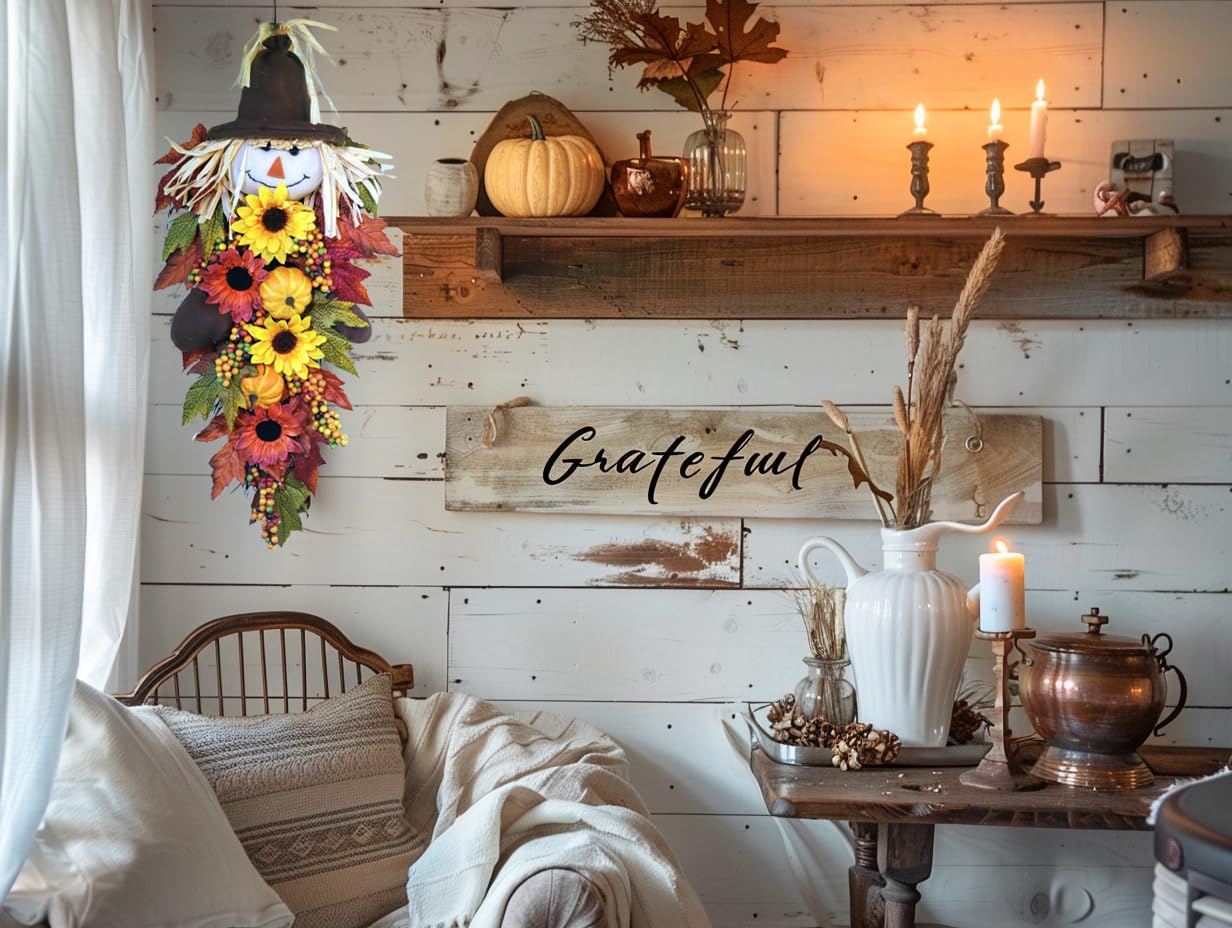24 Rustic Fall Scarecrow Teardrop Swag - Farmhouse Sunflower & Pumpkin Wreath - Autumn Harvest Hanging Decor for Front Door, Wal